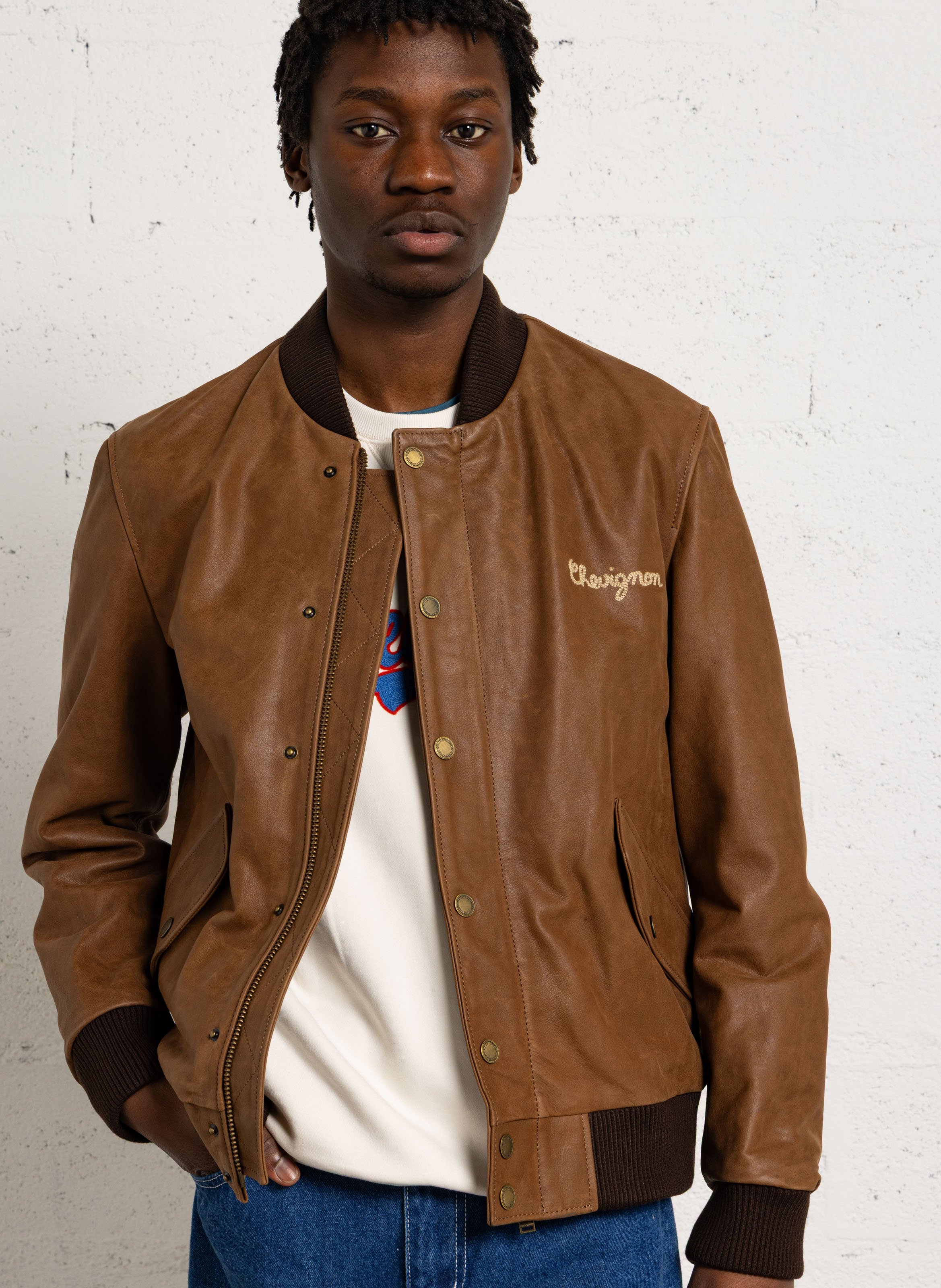 Blouson oversize col teddy en cuir CHEVIGNON Marron