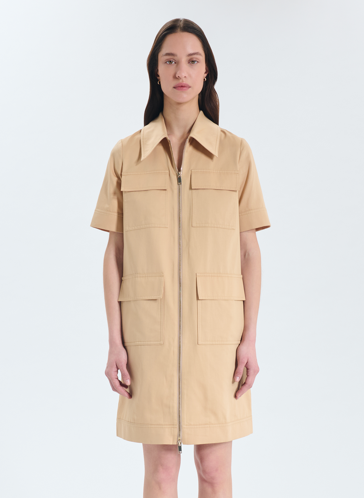 Mittellanges, gerades Kleid aus Bio-Baumwolle und Leinen ZAPA Beige