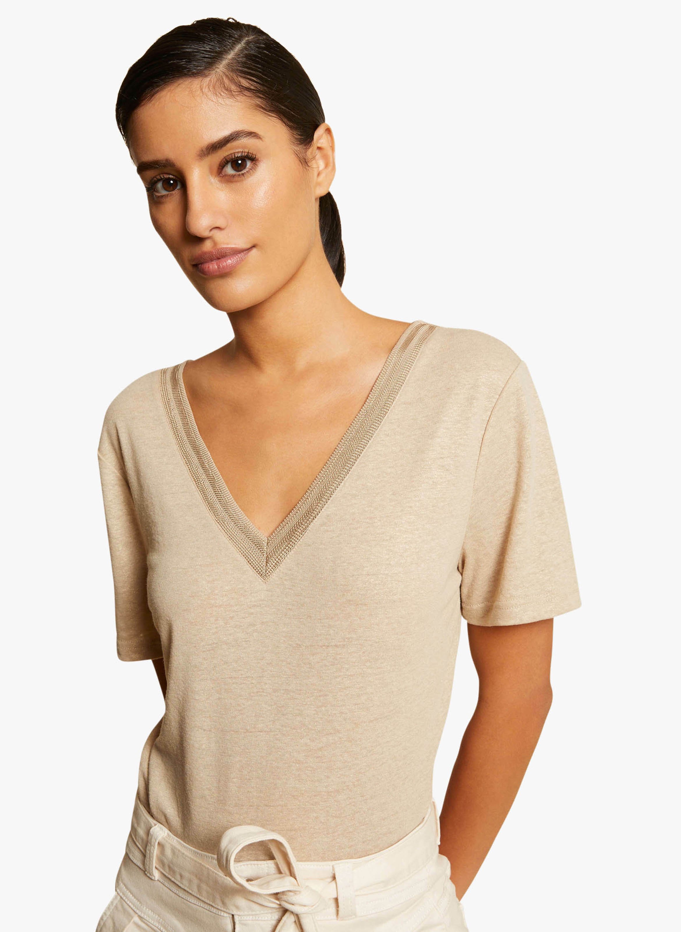 Vneck Linenblend Tshirt Beige Women Place des Tendances