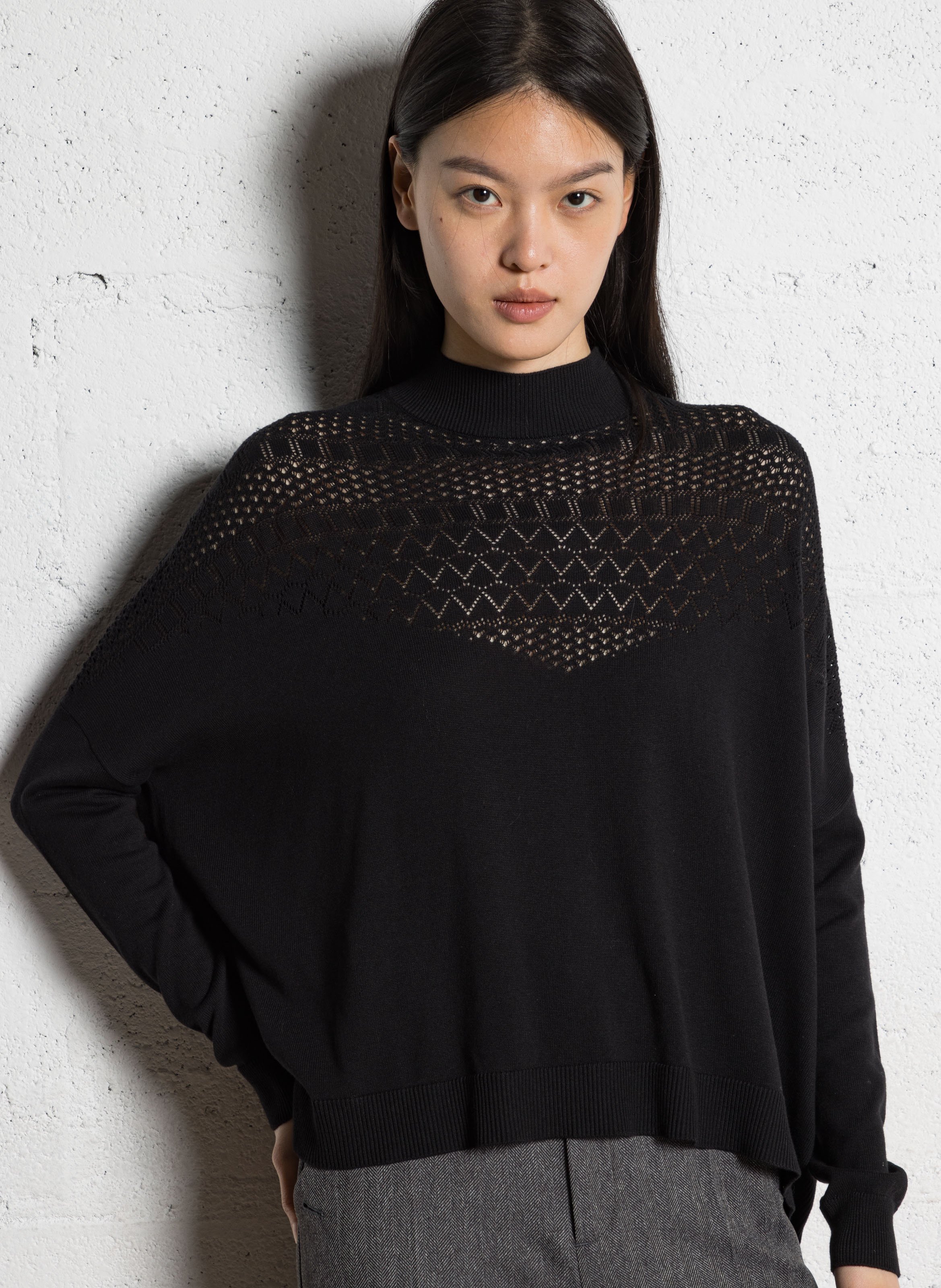 Long wool-blend knit cardigan I CODE Black