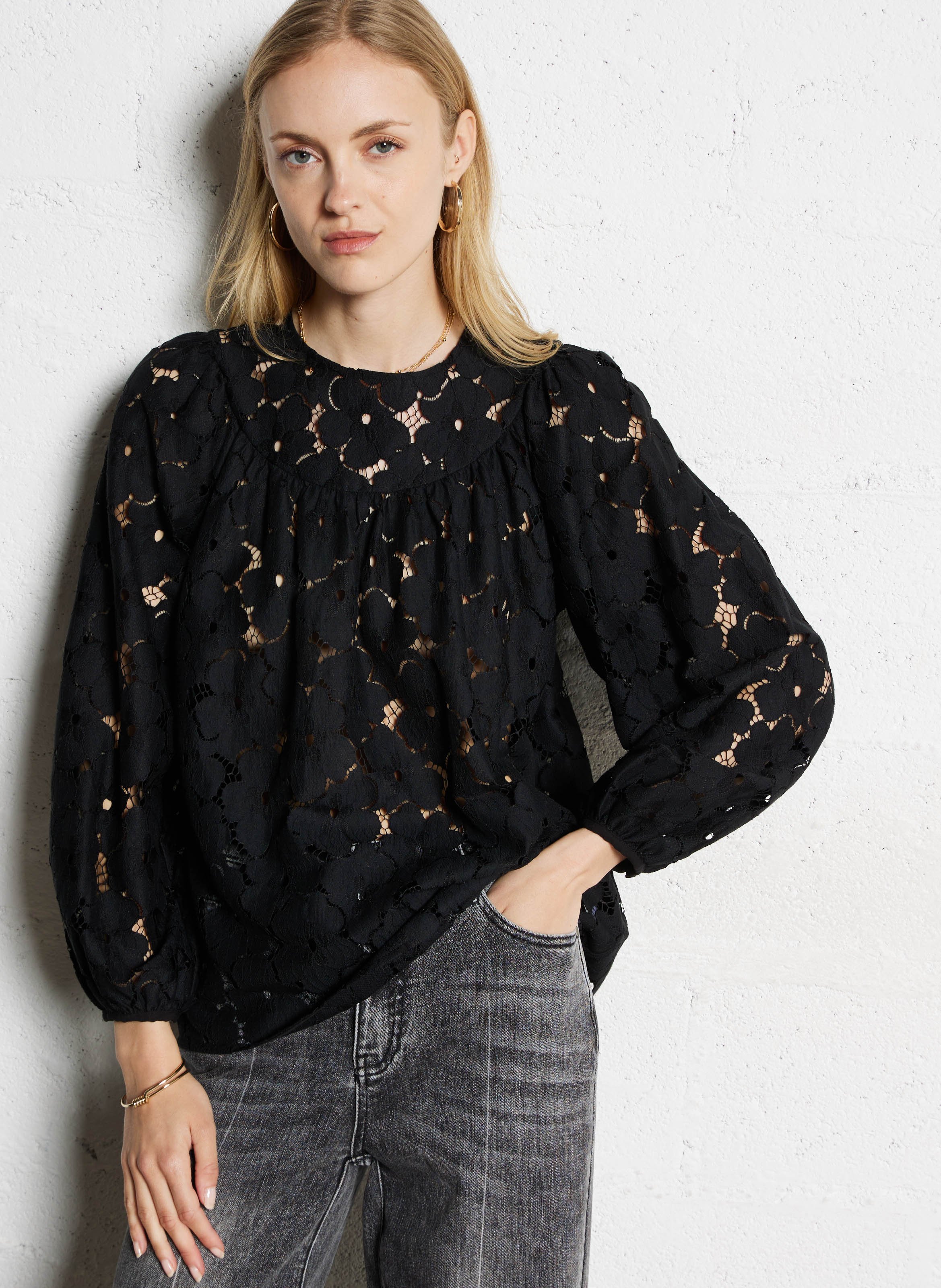 Straight lace long-sleeved blouse SUNCOO Black