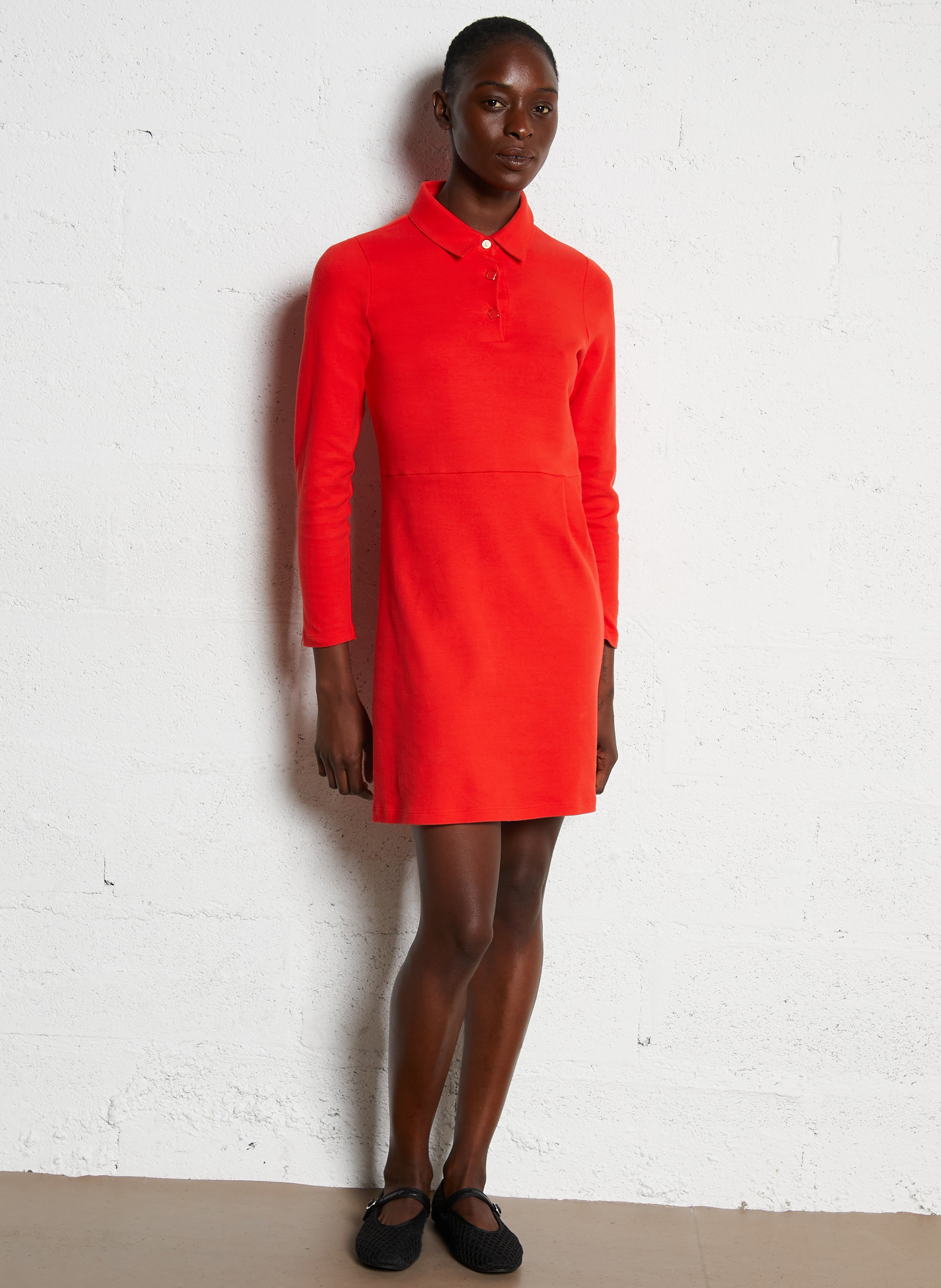 Short cotton dress with classic collar I CODE Red