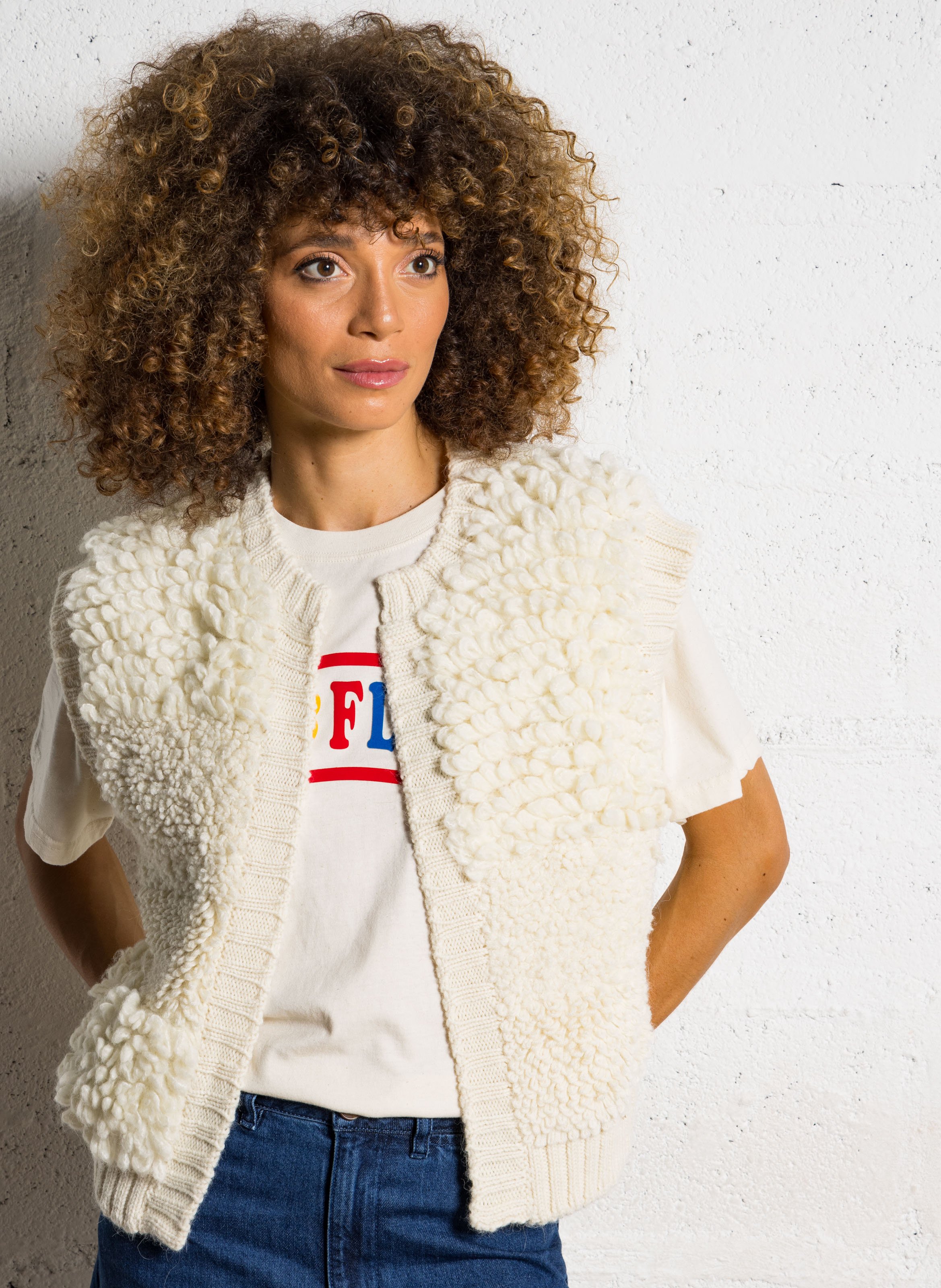 Gilet sans manches bouclette en laine mélangée DES PETITS HAUTS Beige