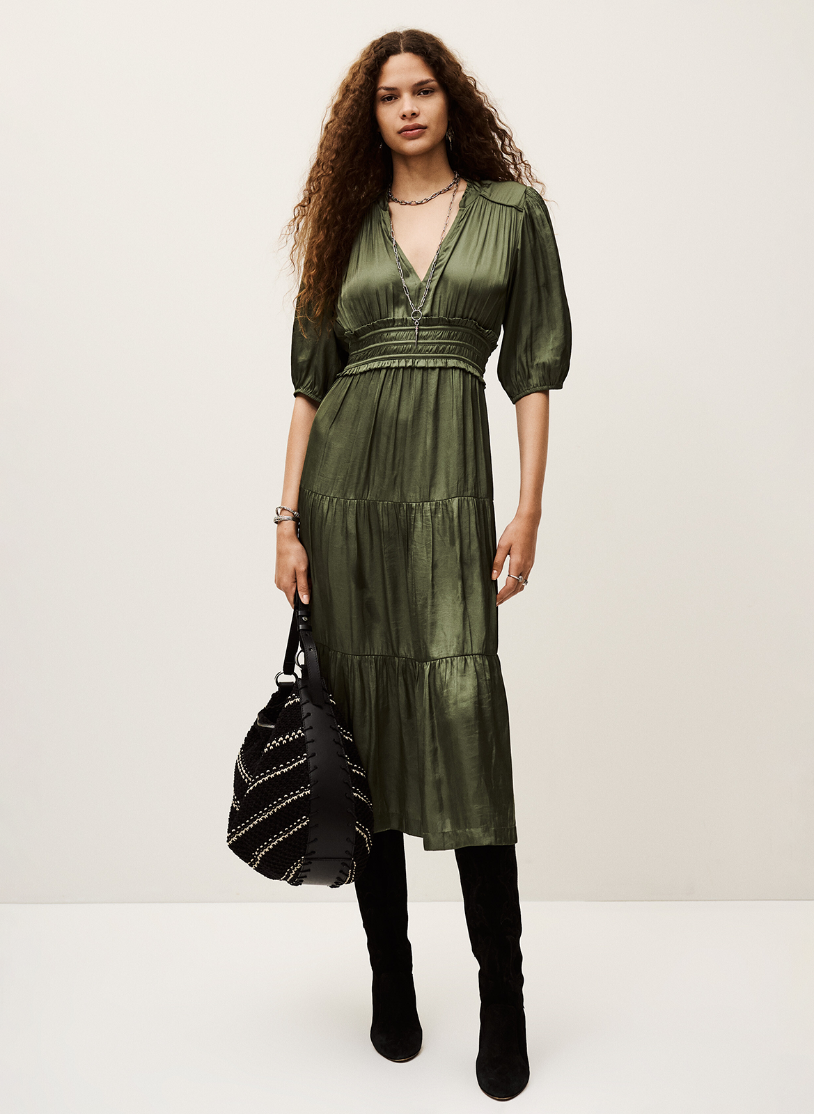 Long gathered dress with Tunisian collar in satin BA&SH