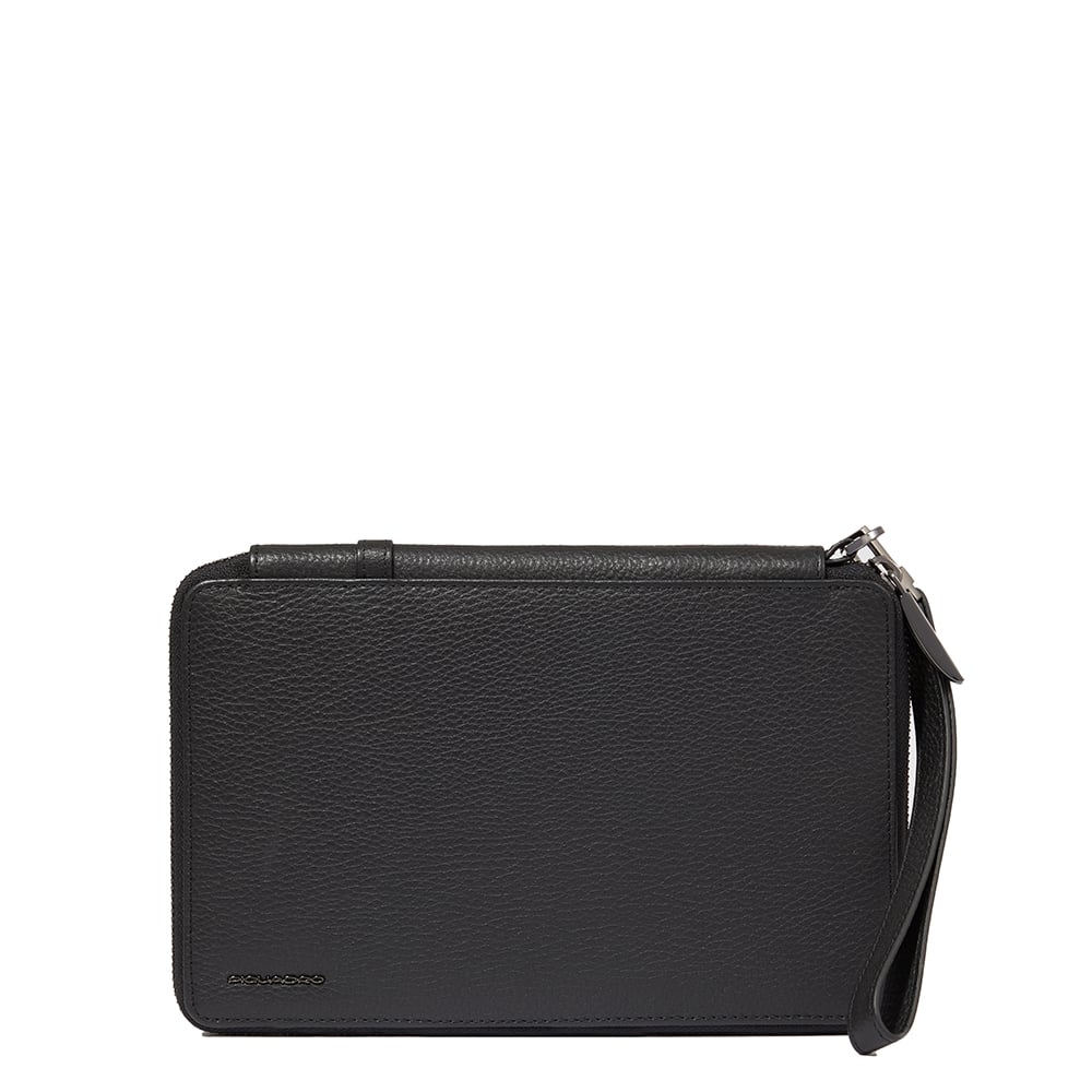 Zippered travel document holder with credit card slots, pen loop, and removable section. PIQUADRO Black