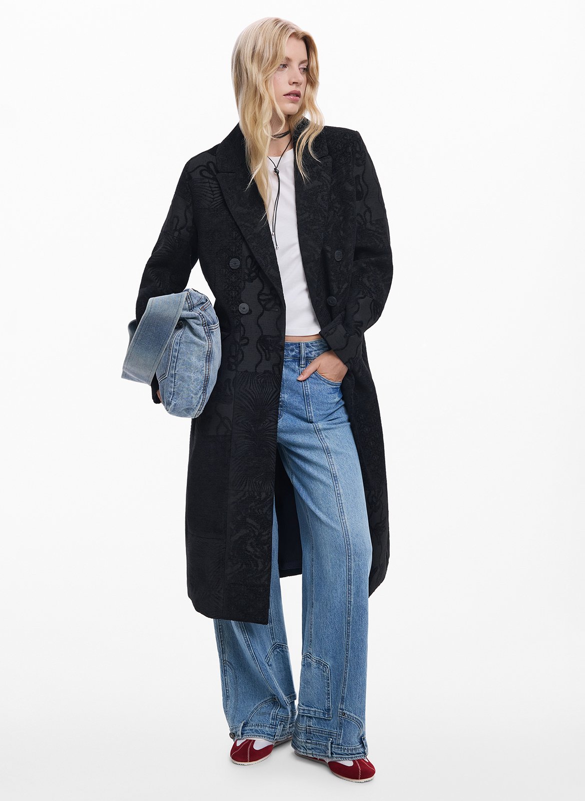 Manteau droit boutonné à jacquard DESIGUAL Noir