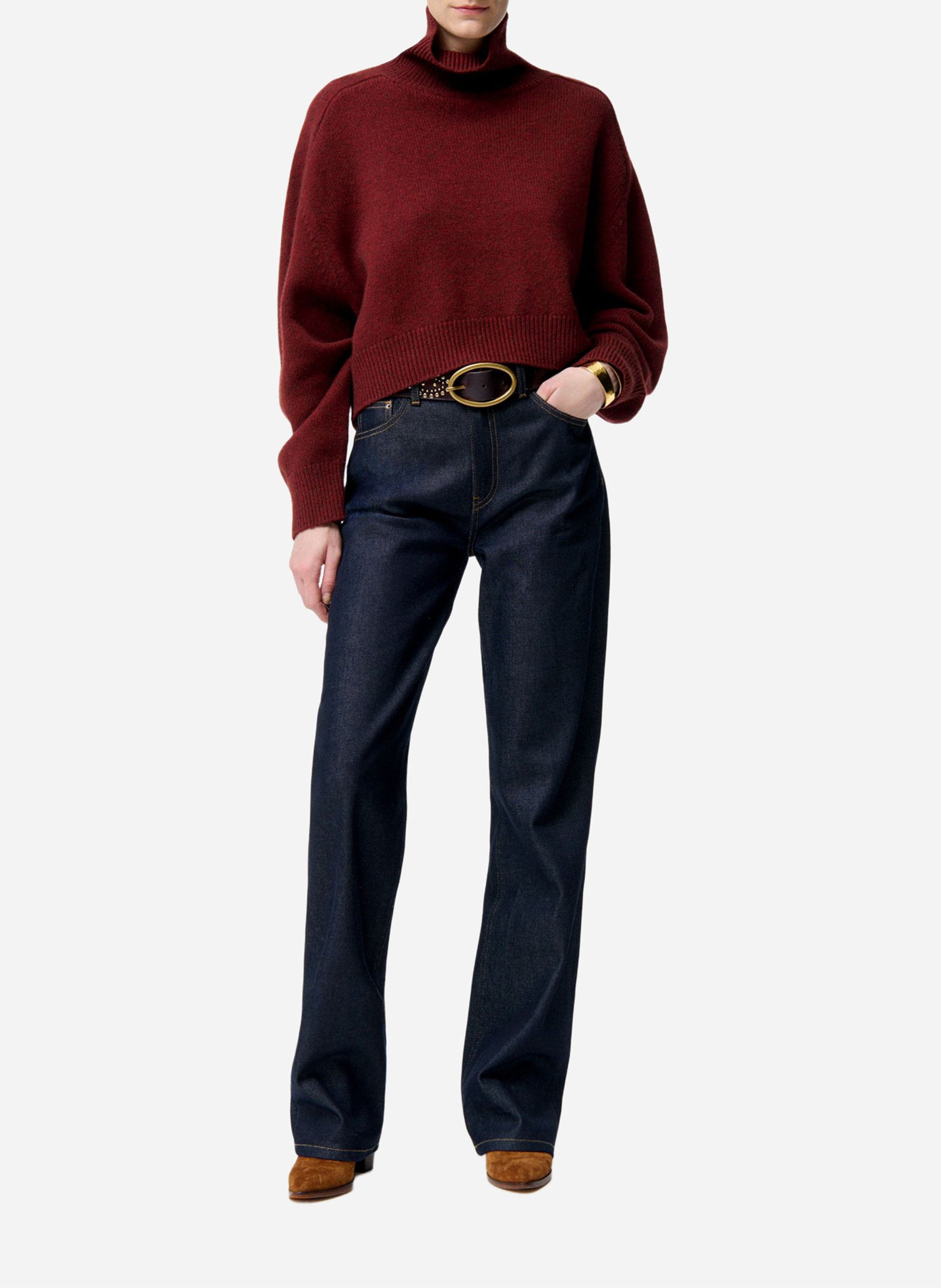 Cropped Rollkragenpullover aus Wolle und Yak-Wolle Rot