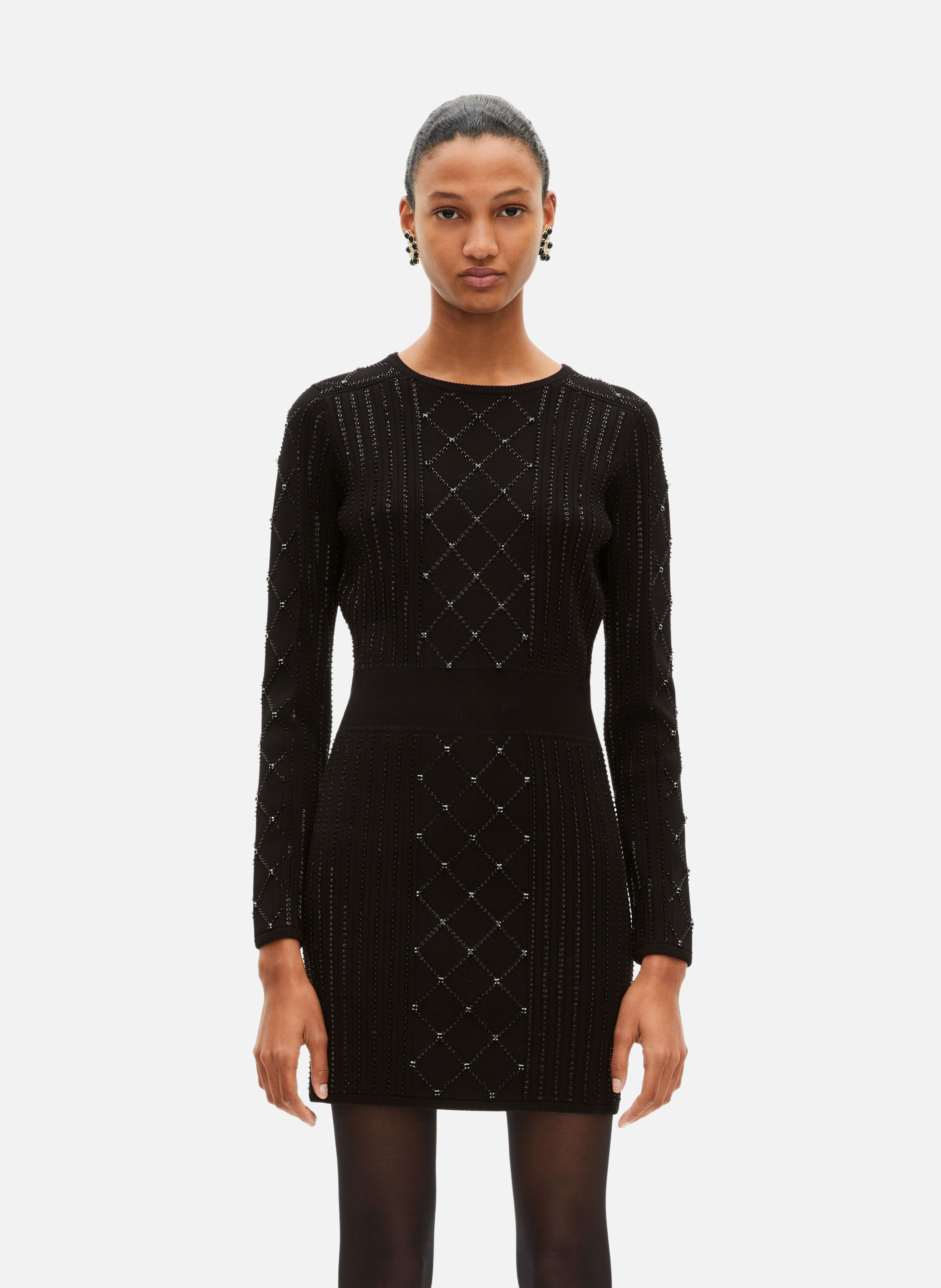 Short knitted dress with rhinestones and pearls THE KOOPLES Black