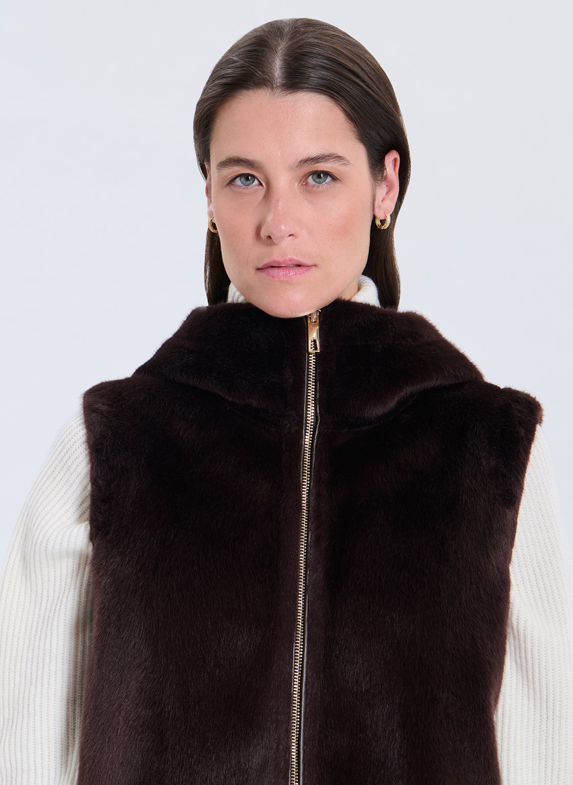 Straight jacket with high collar in faux fur ZAPA Brown