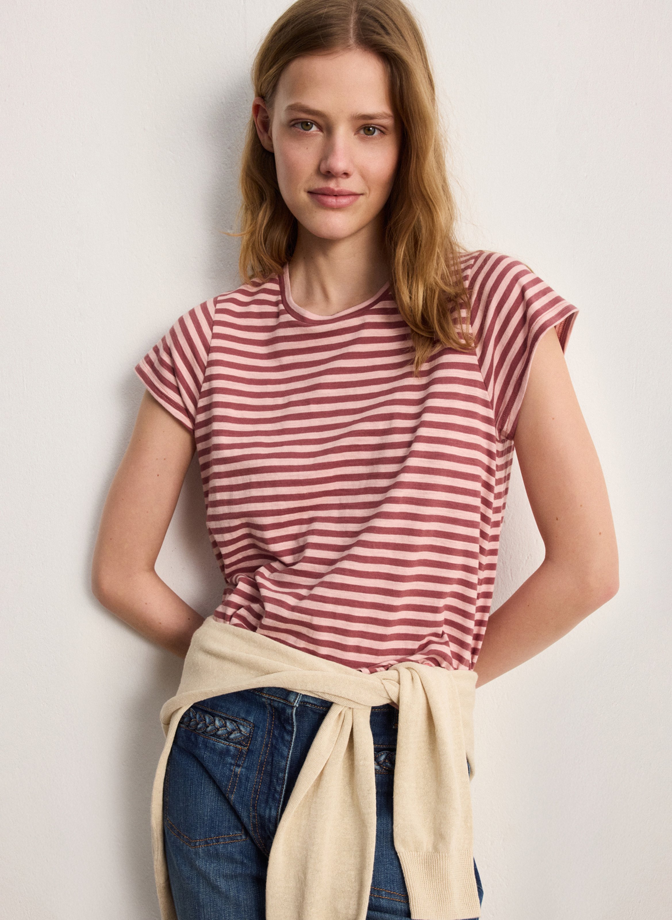 Round-neck straight striped cotton T-shirt PABLO Pink