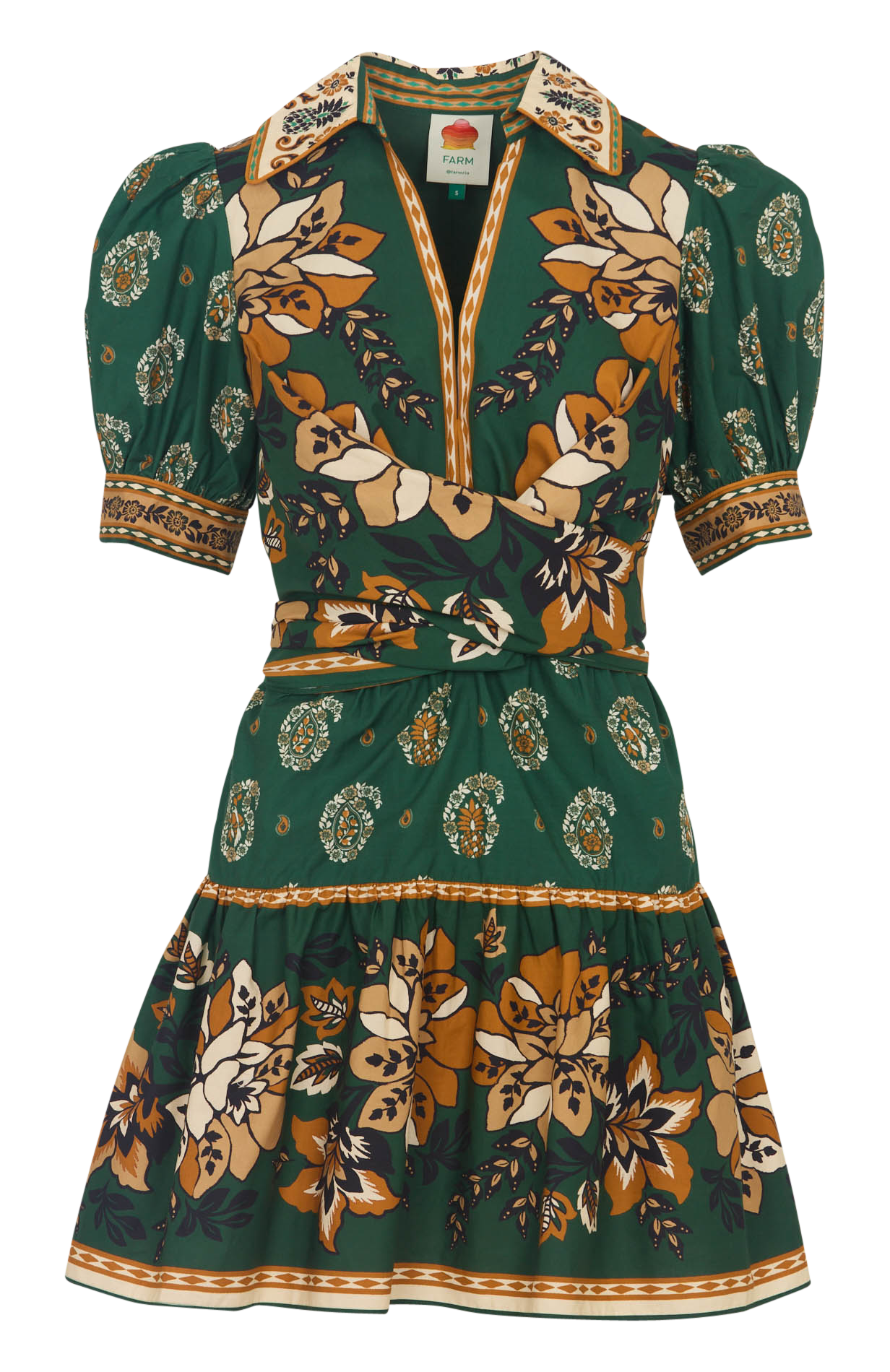 Short printed dress with puffed sleeves FARM RIO Green
