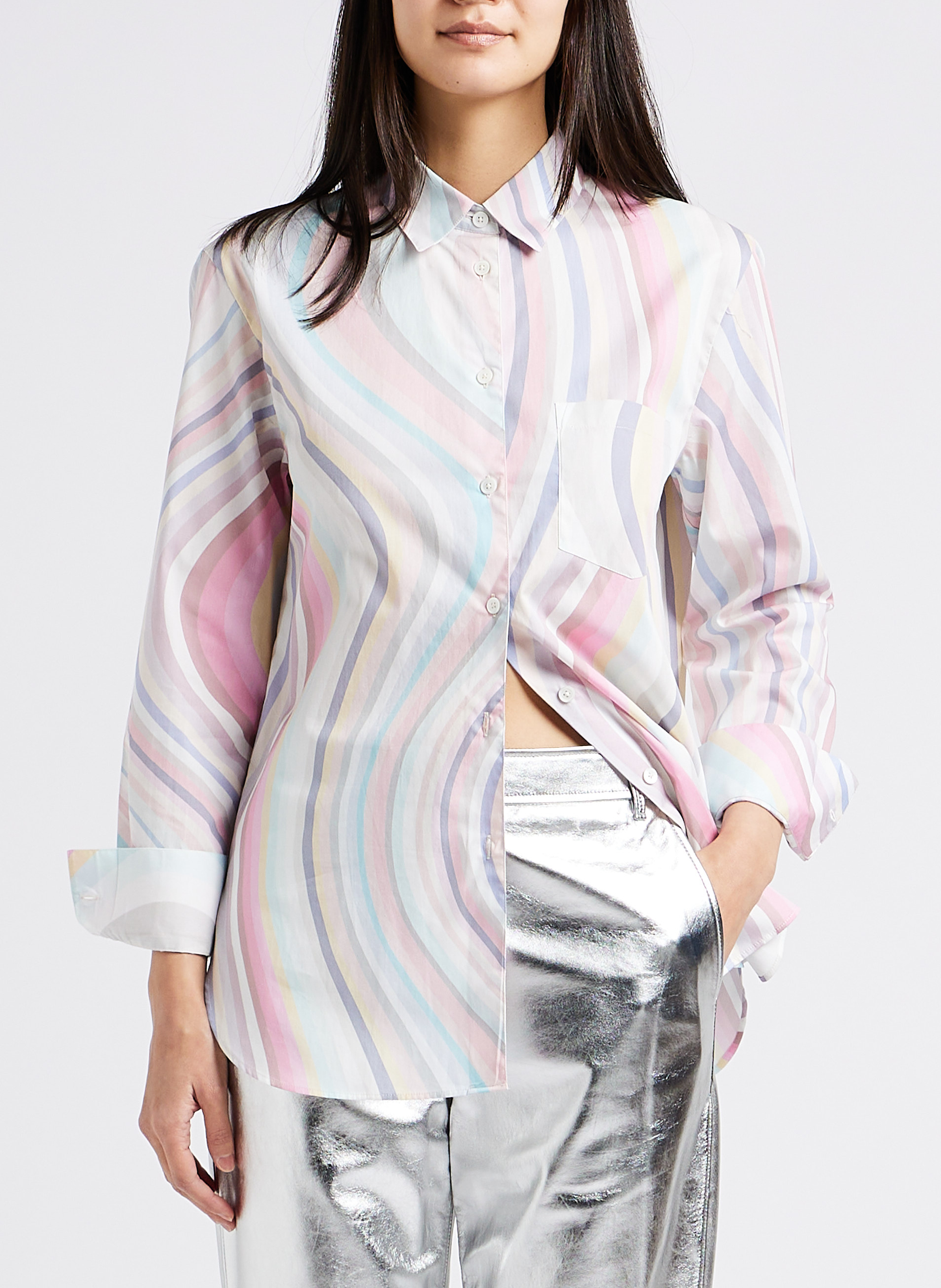 Weit geschnittene Baumwollbluse mit Windsorkragen und linearem Print PAUL SMITH Mehrfarbig