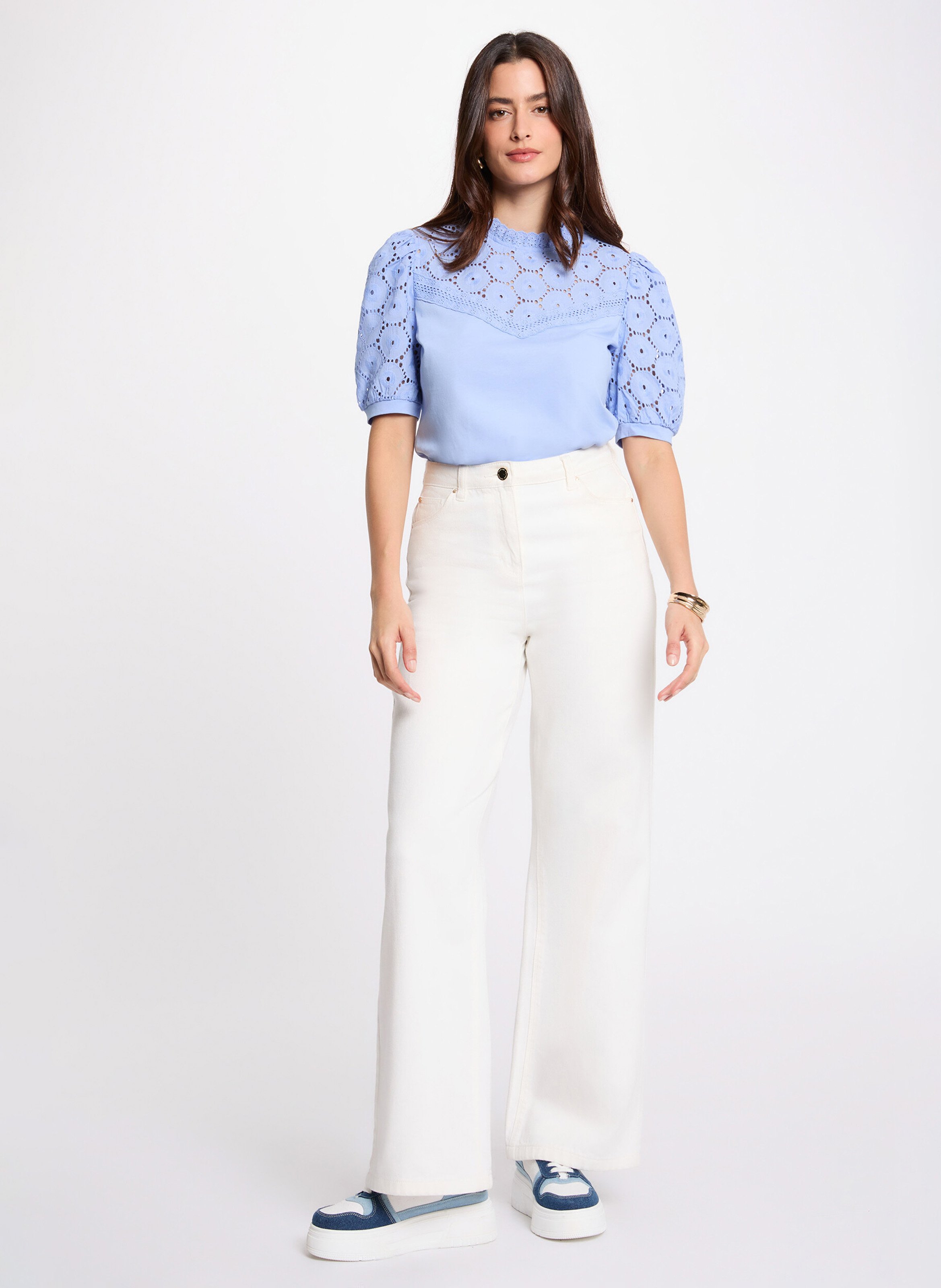 Embroidered round-neck cotton top MORGAN Blue