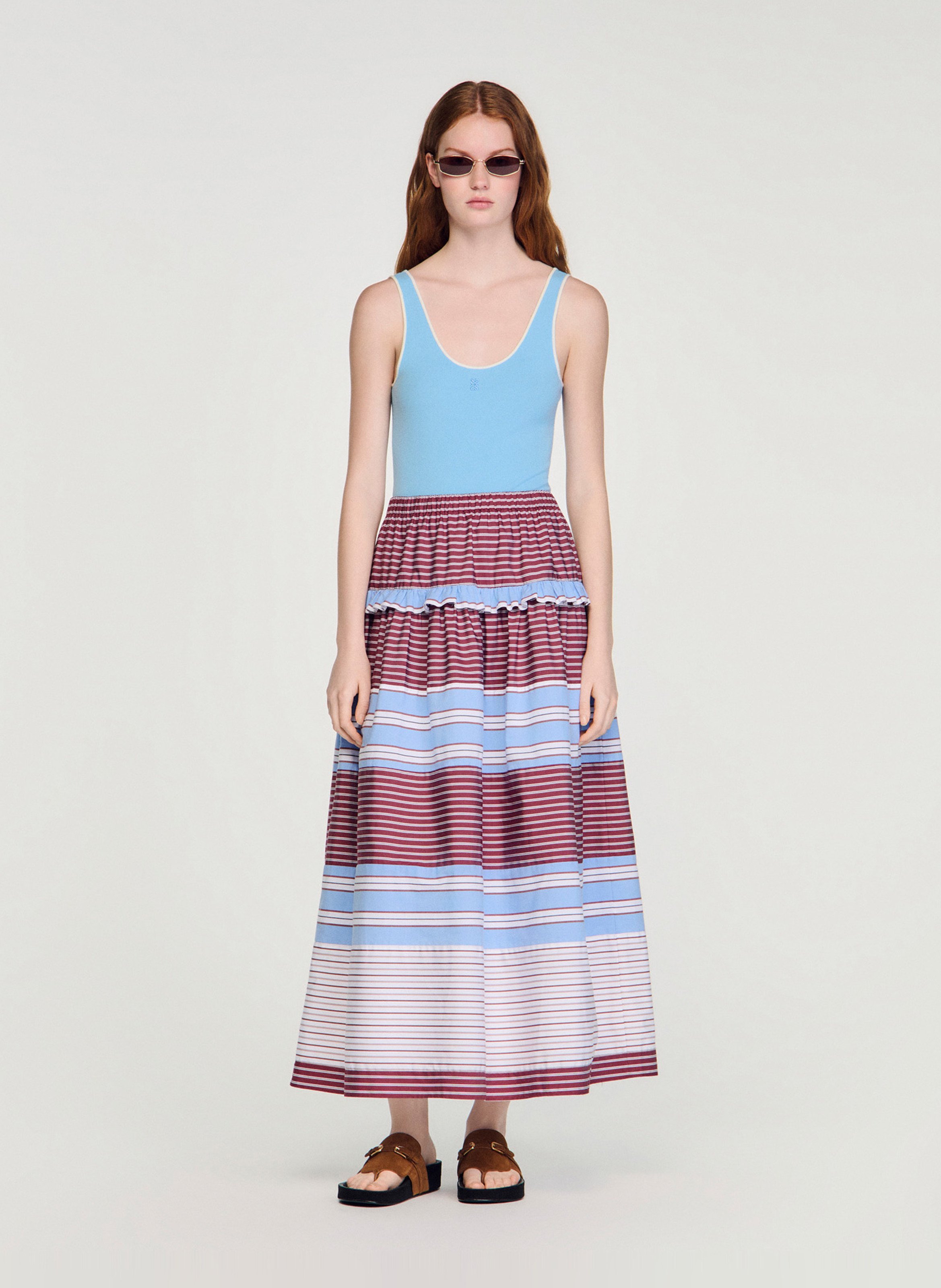 Jupe longue en coton rayé SANDRO Rouge