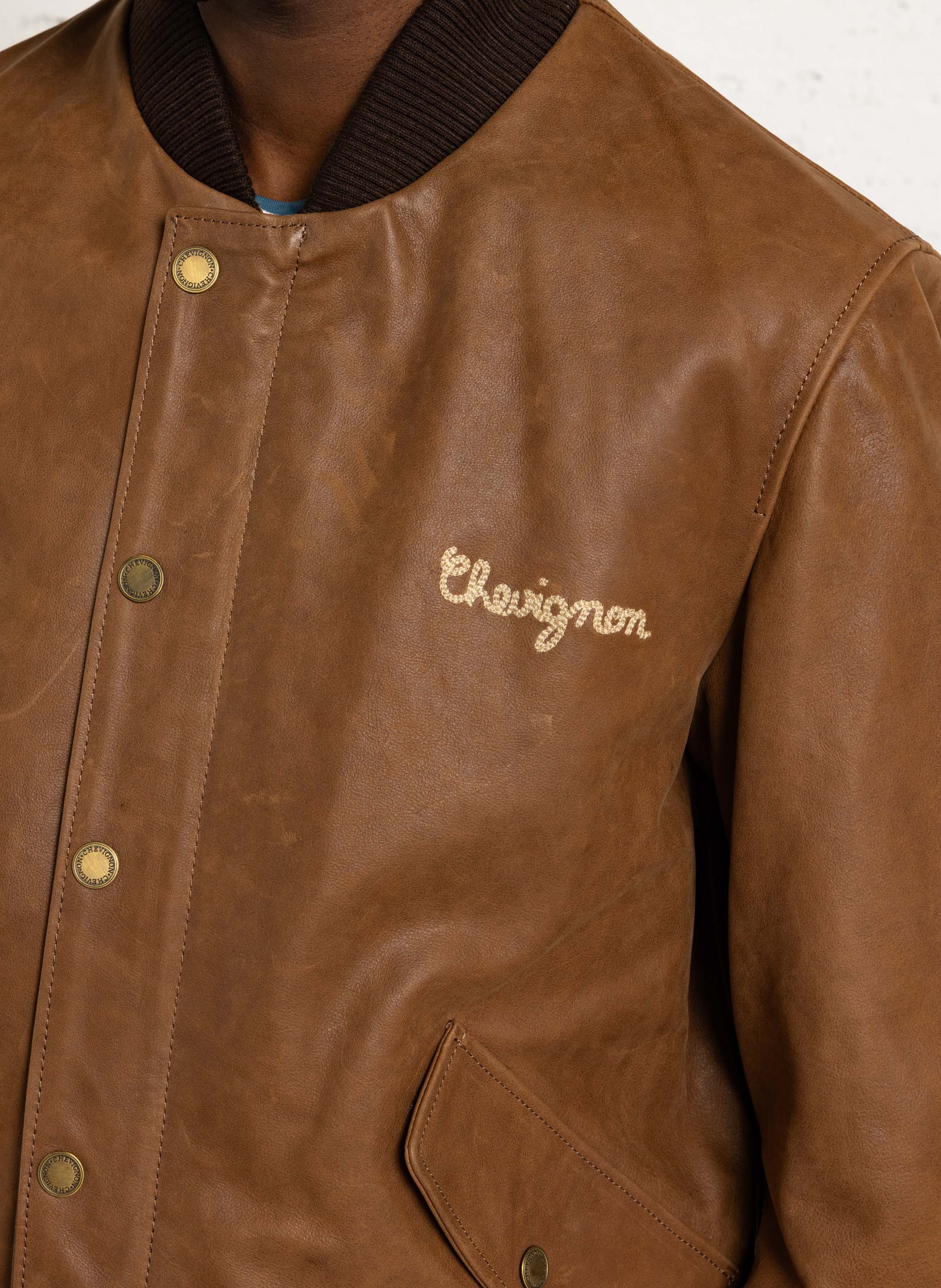 Blouson oversize col teddy en cuir CHEVIGNON Marron