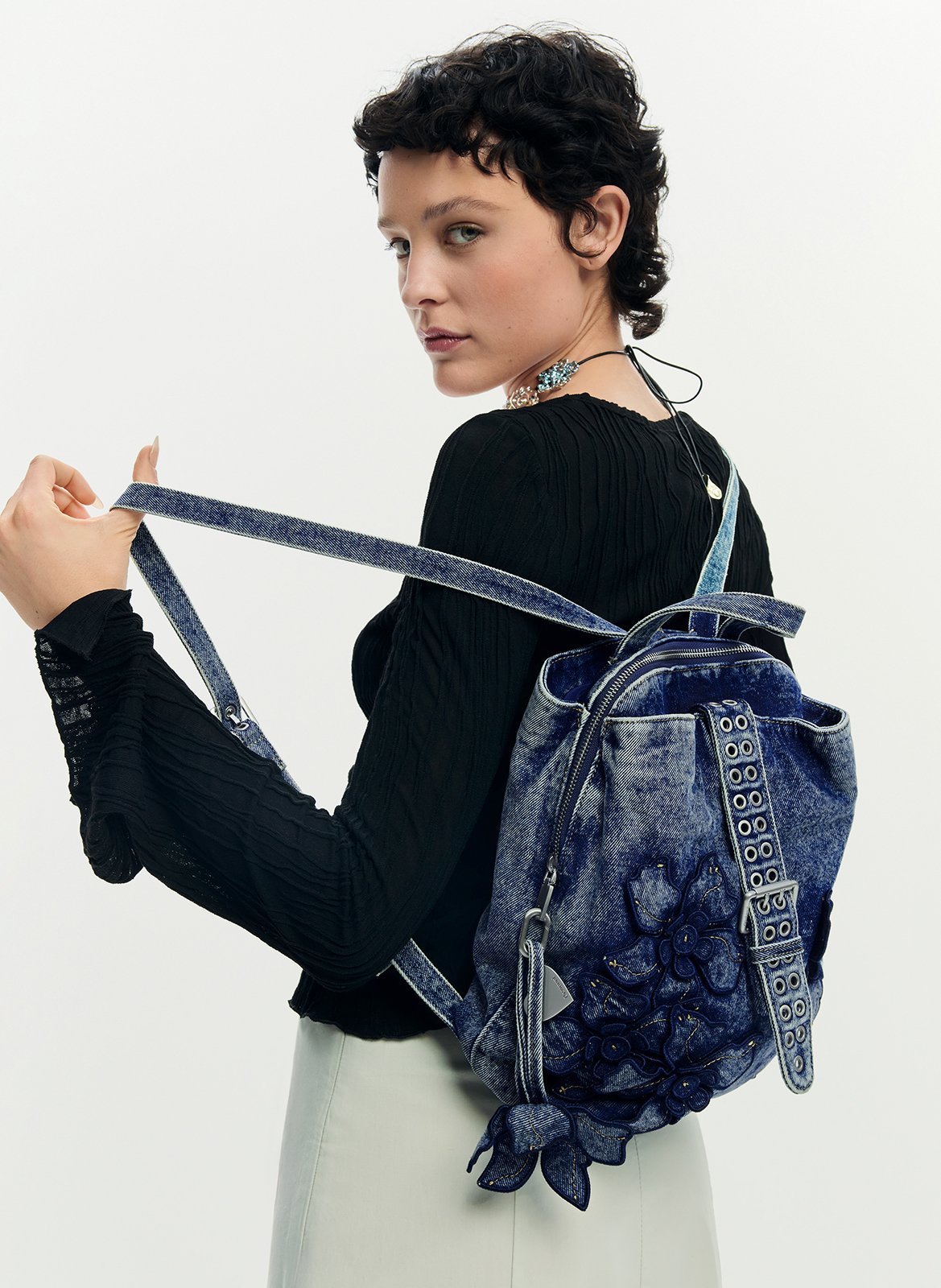 Rugzak van denim met bloemen DESIGUAL Blauw