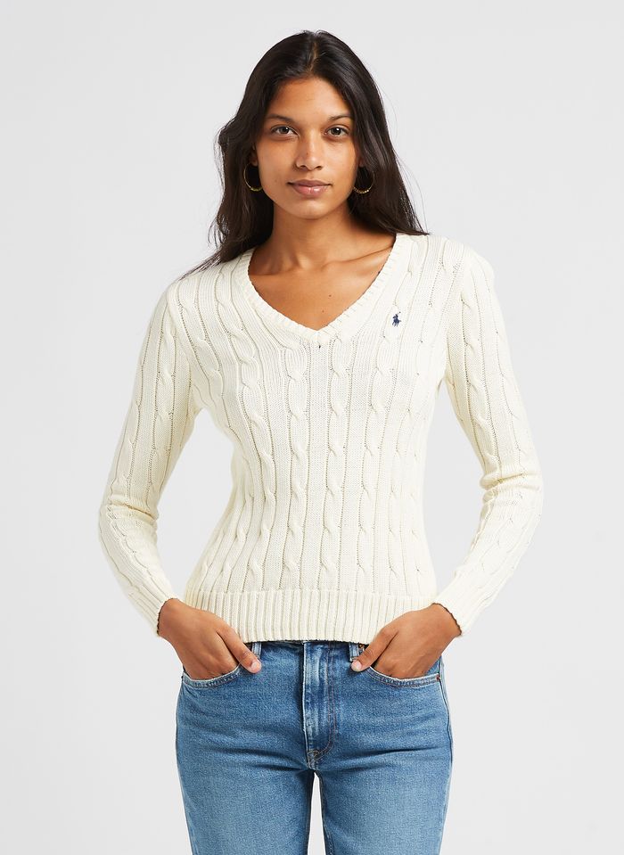Embroidered Cotton V-neck Sweater Cream Polo Ralph Lauren - Women | Place  des Tendances