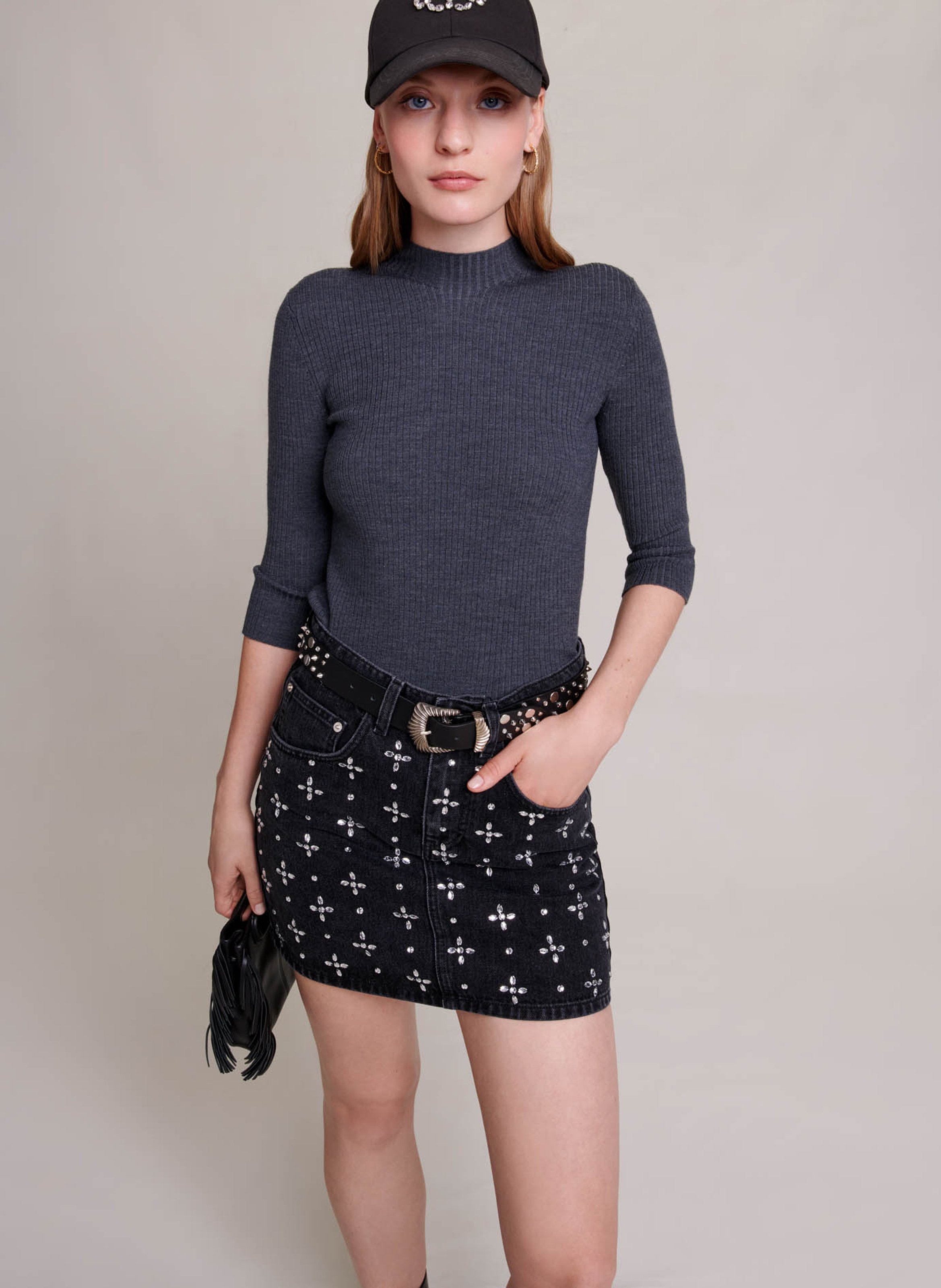 Short Jean style Skirt With Costume Jewelry Noir Maje Women