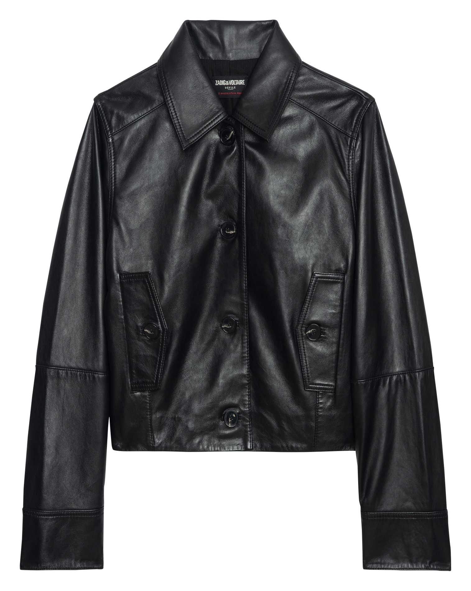 Blouson court boutonné en cuir lisse Noir