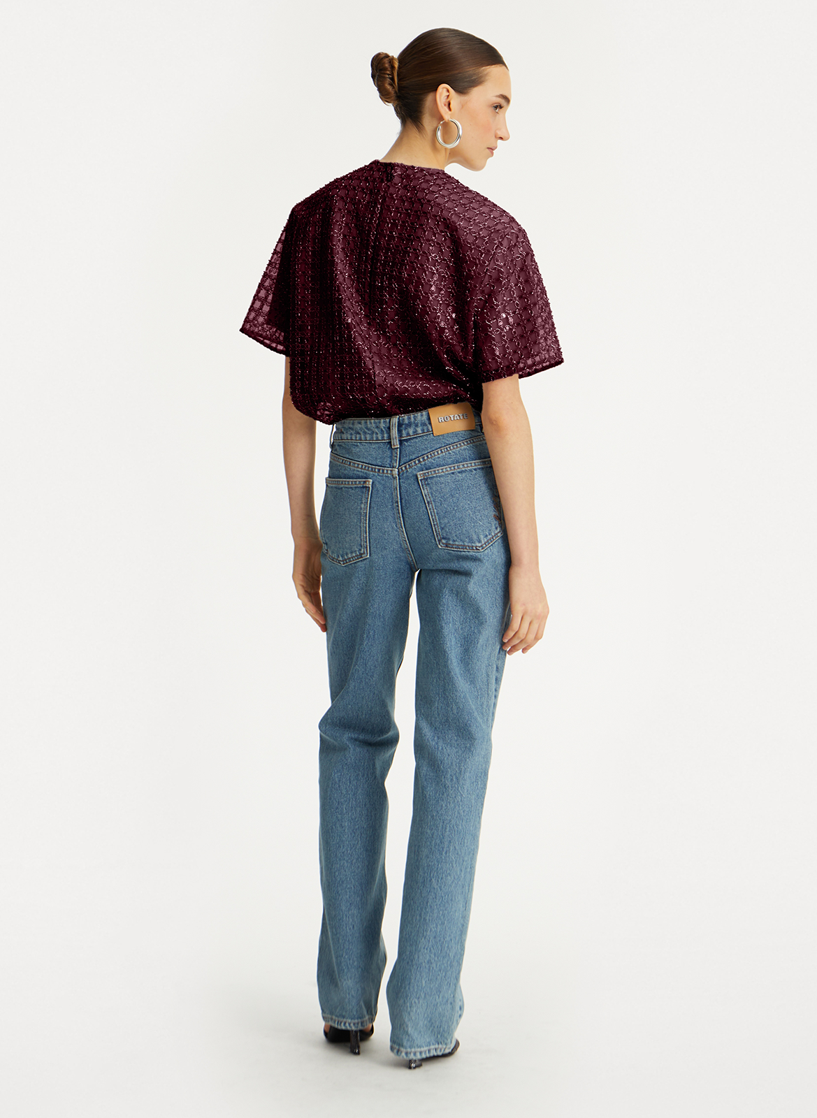 Round neck top adorned with rhinestones ROTATE Brown