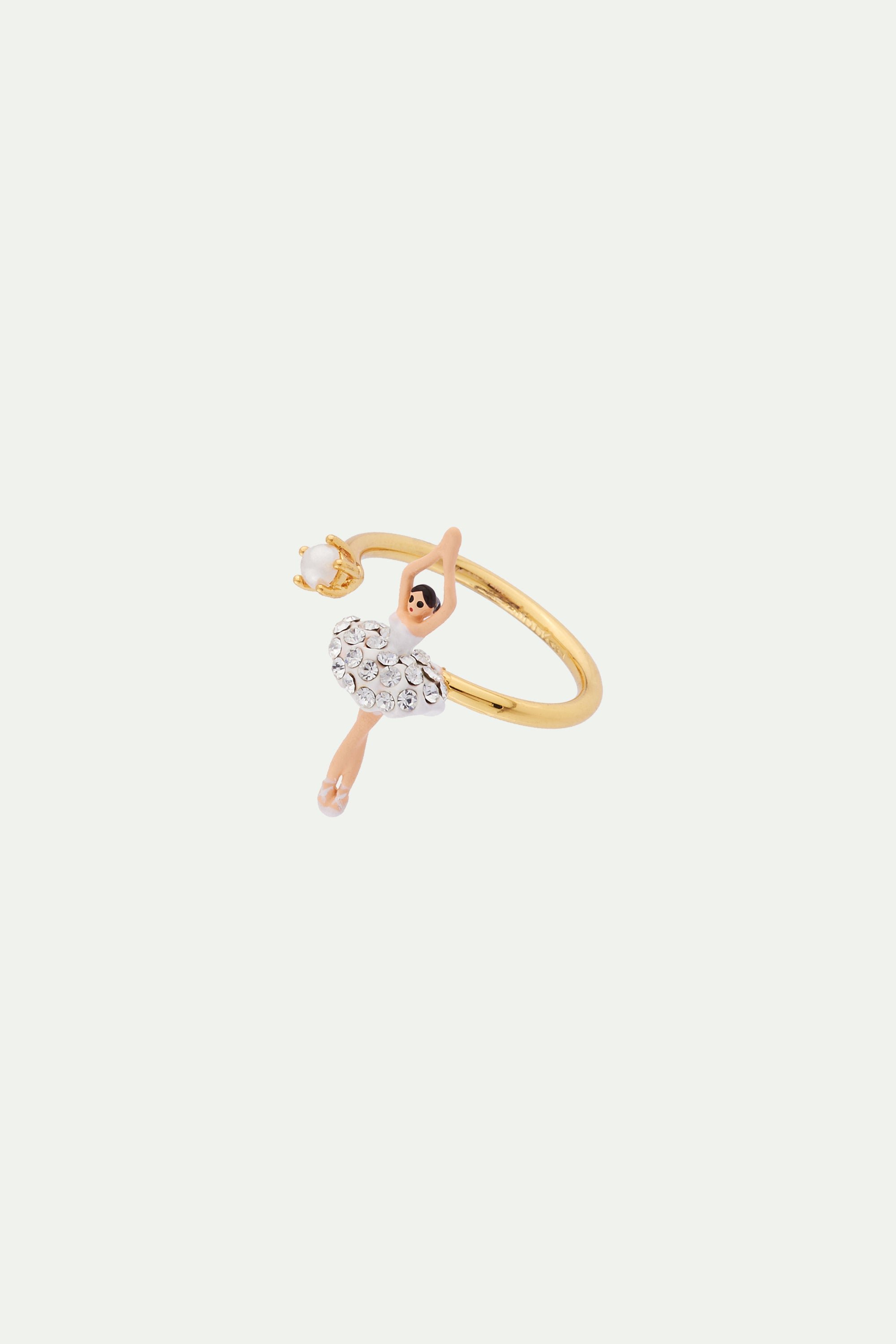 Adjustable ring with mini ballerina in rhinestones and pearl LES NEREIDES White