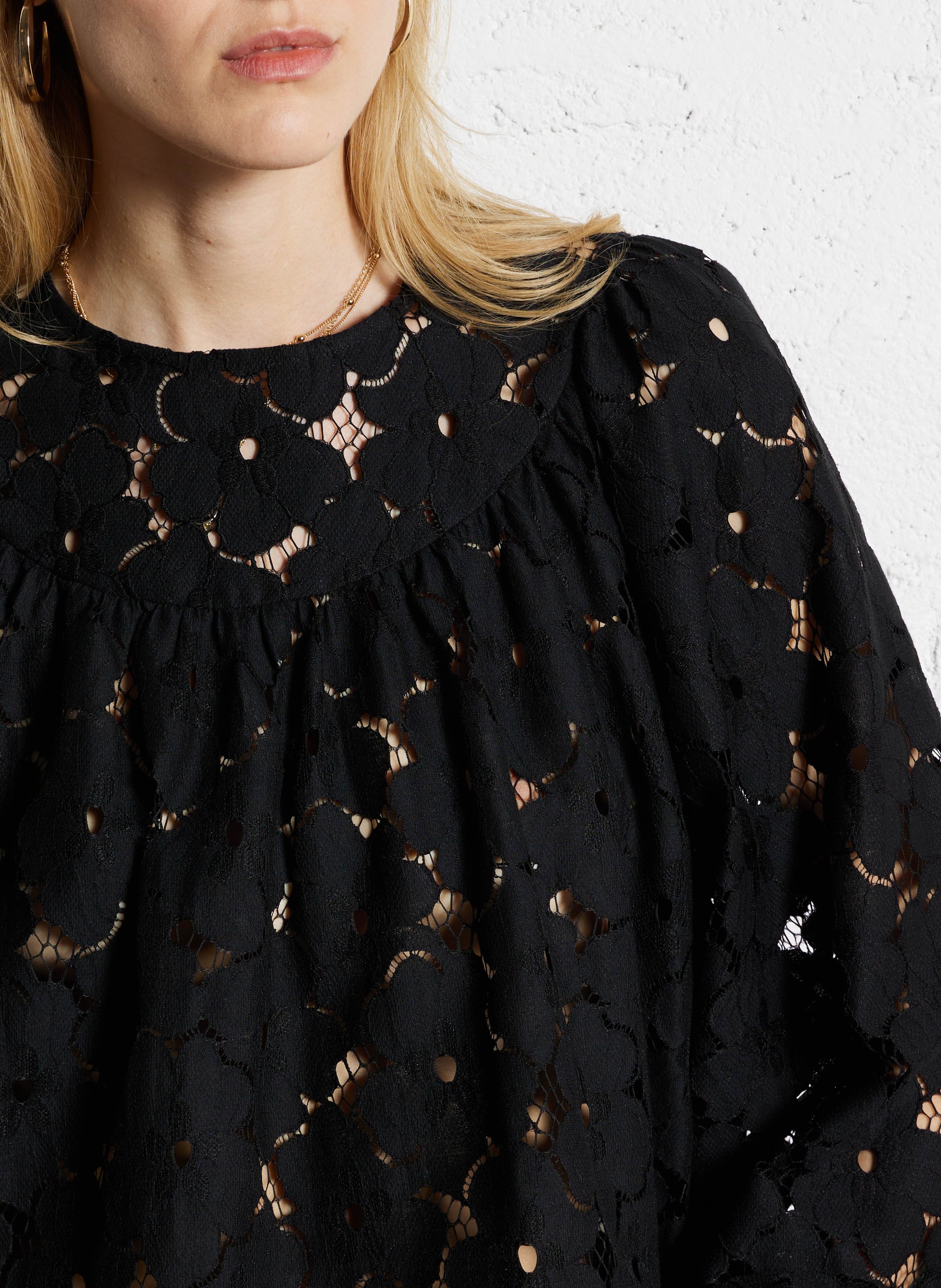 Straight lace long-sleeved blouse SUNCOO Black