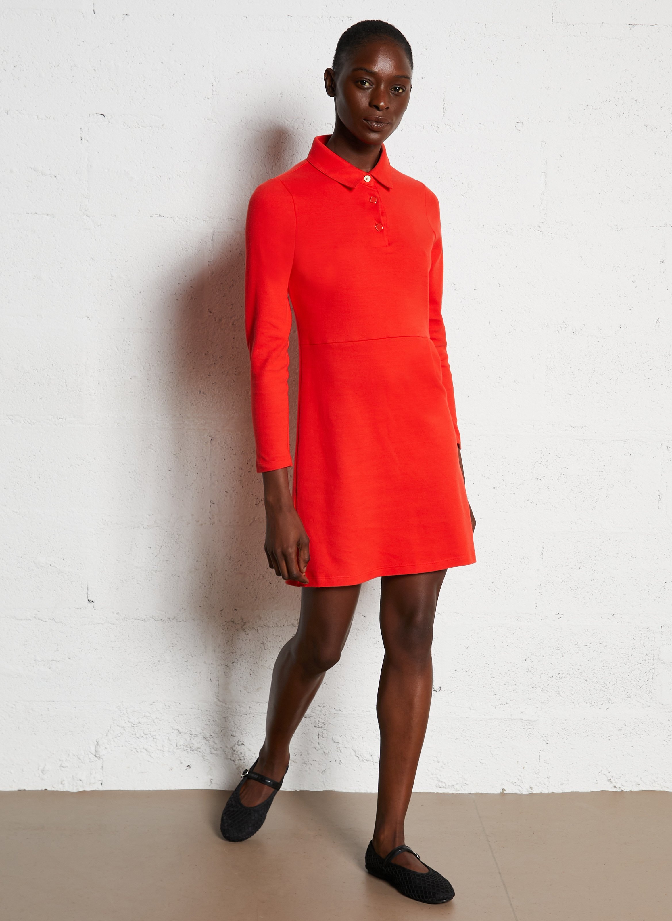 Short cotton dress with classic collar I CODE Red