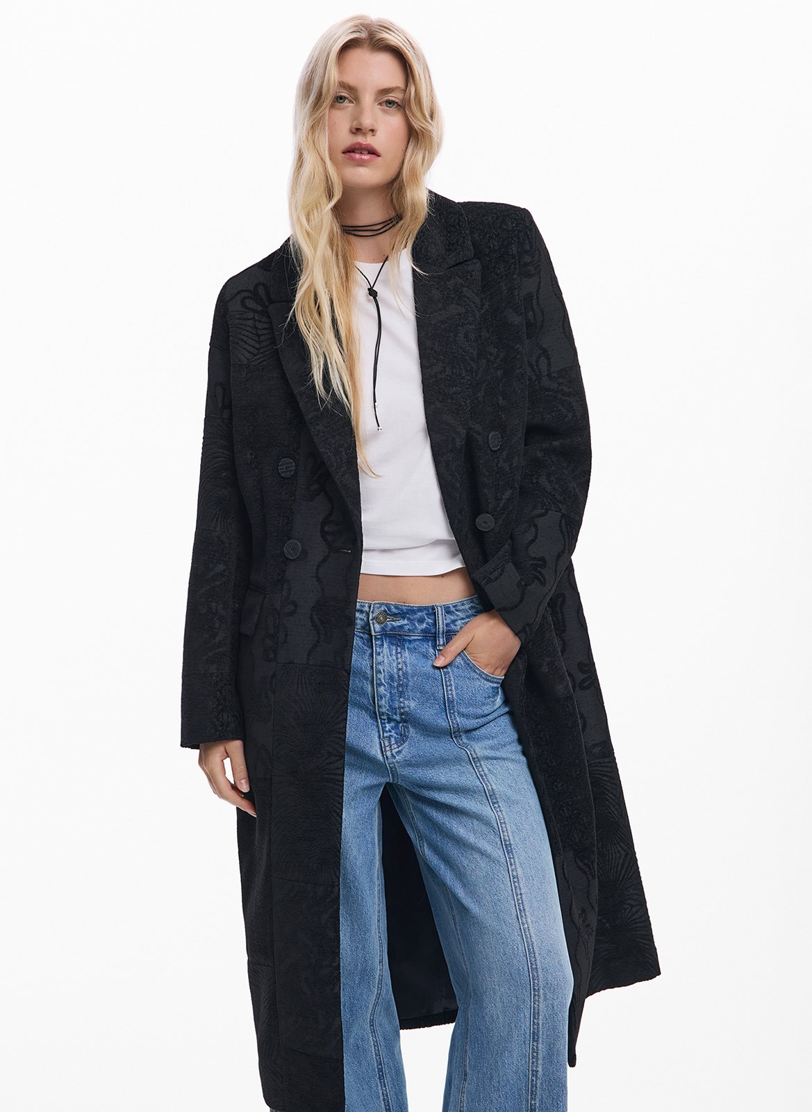 Manteau droit boutonné à jacquard DESIGUAL Noir