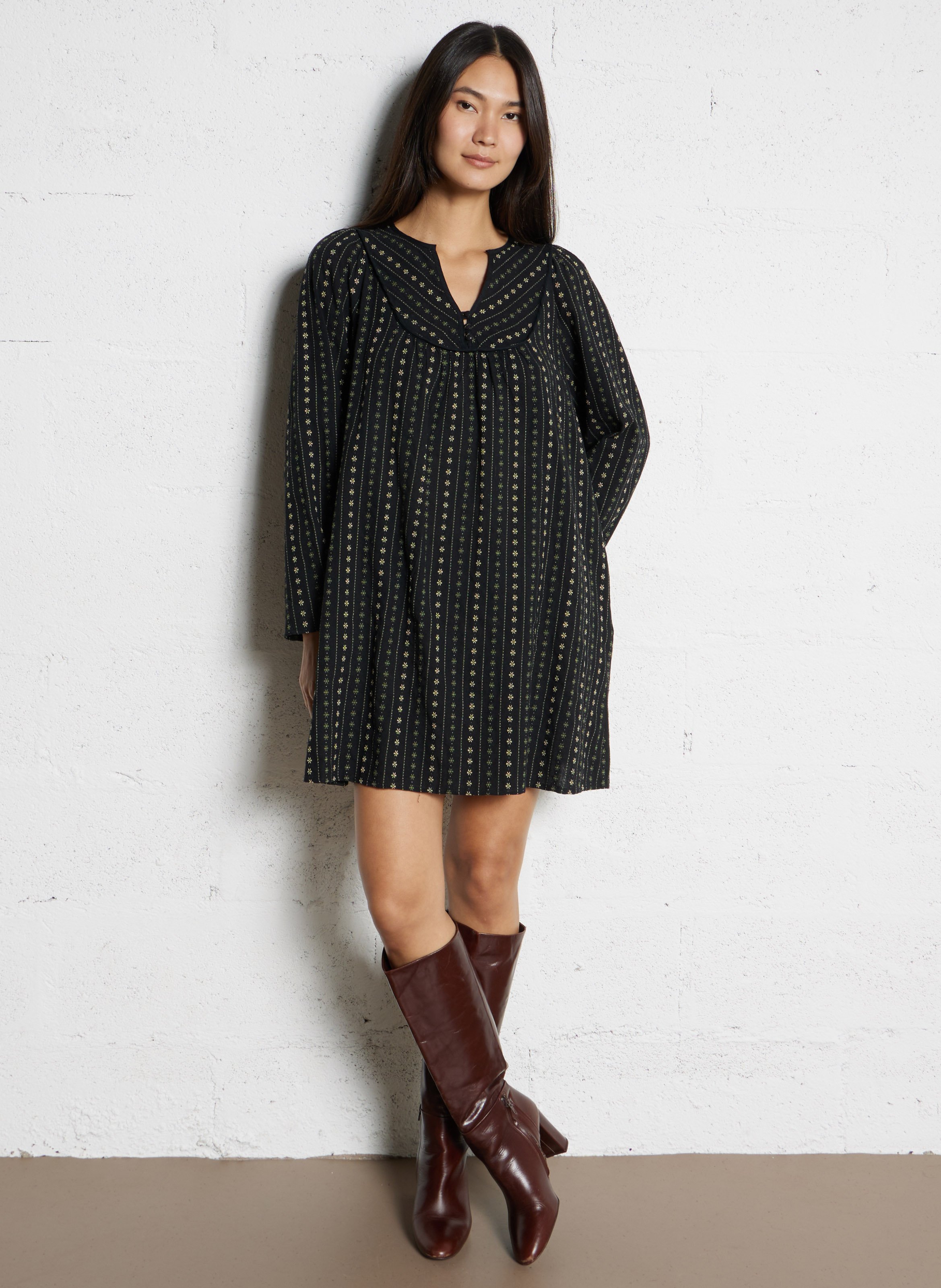 Baumwollkleid mit V-Ausschnitt THE KORNER Schwarz