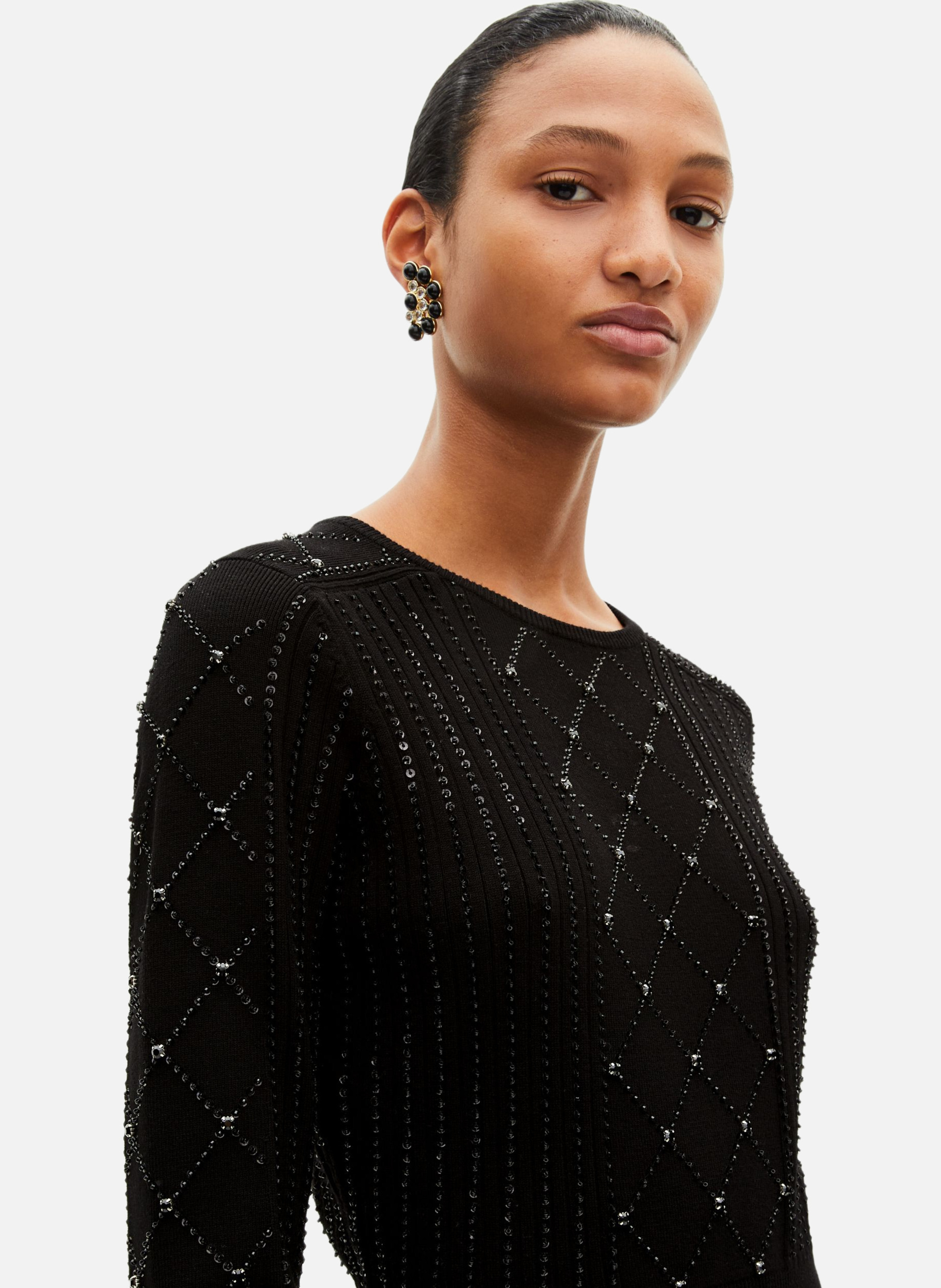Short knitted dress with rhinestones and pearls THE KOOPLES Black