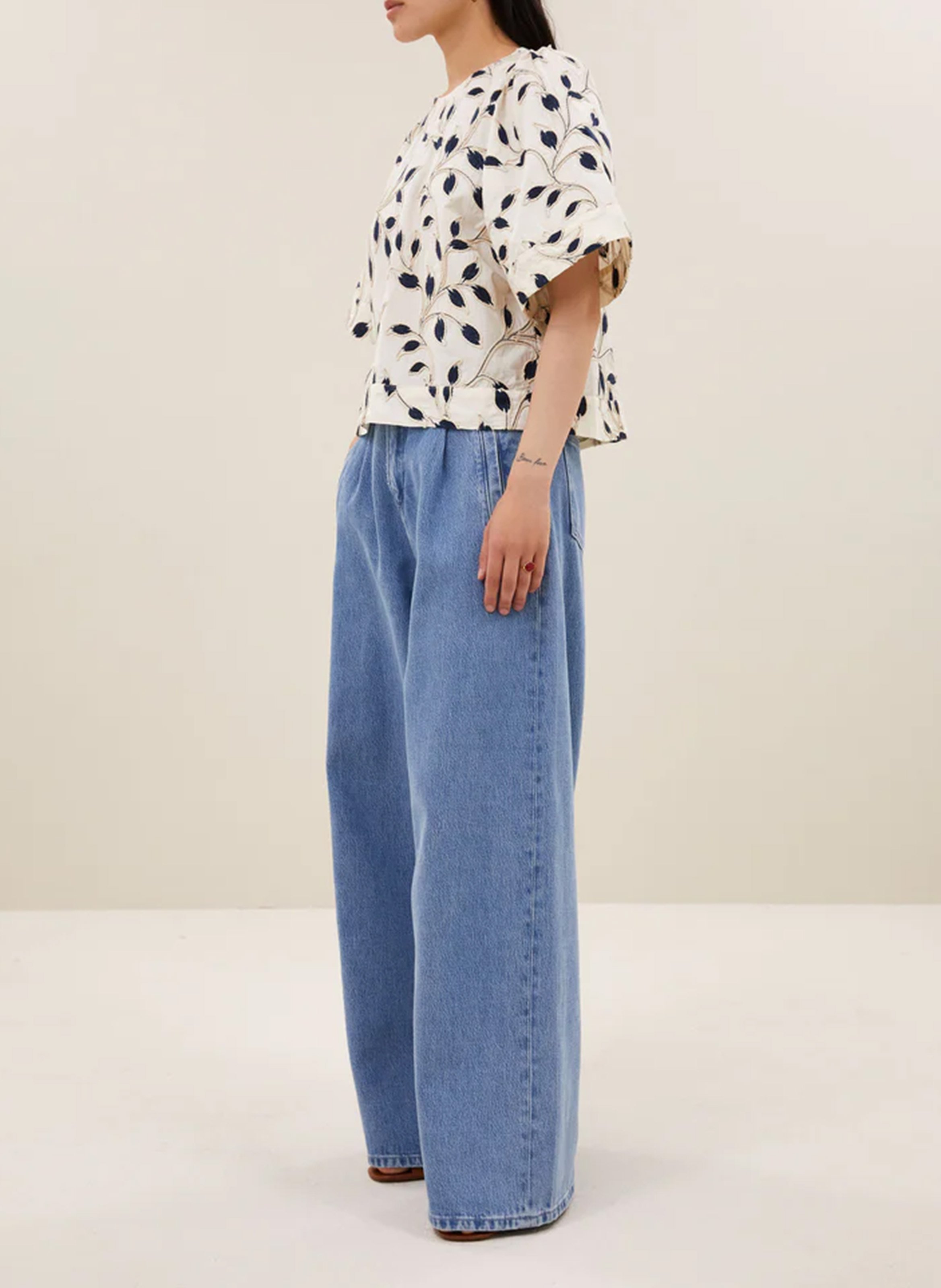 Top droit col rond en coton imprimé BY BAR Bleu