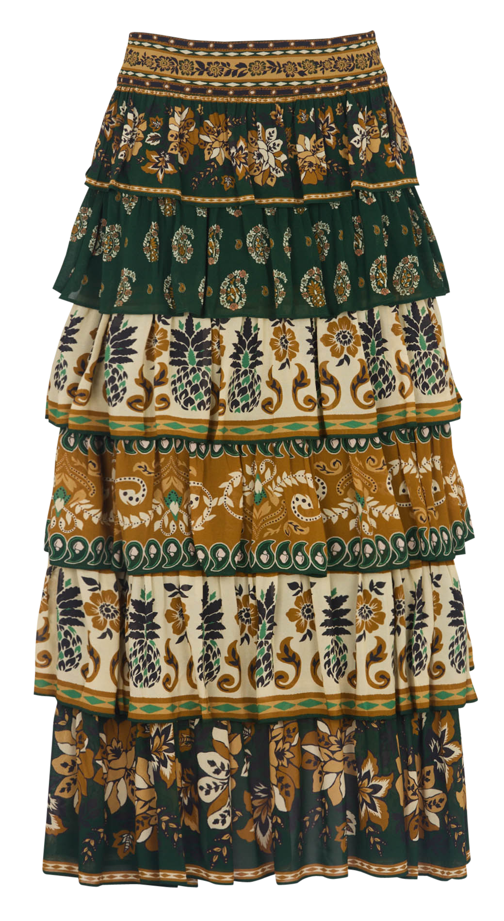 Flounced long skirt with floral print FARM RIO Green