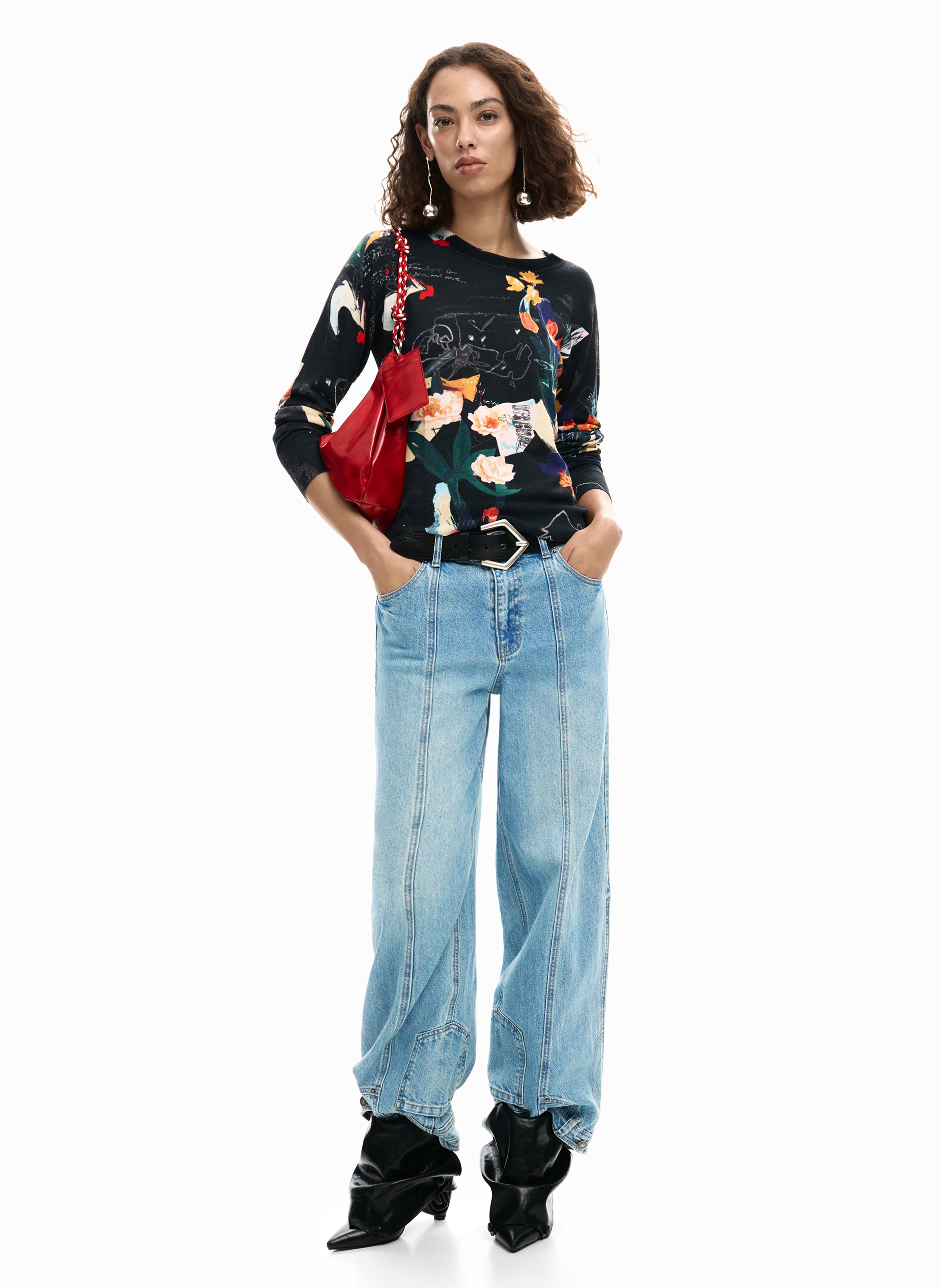 Round-neck knitted top with patterns DESIGUAL Black