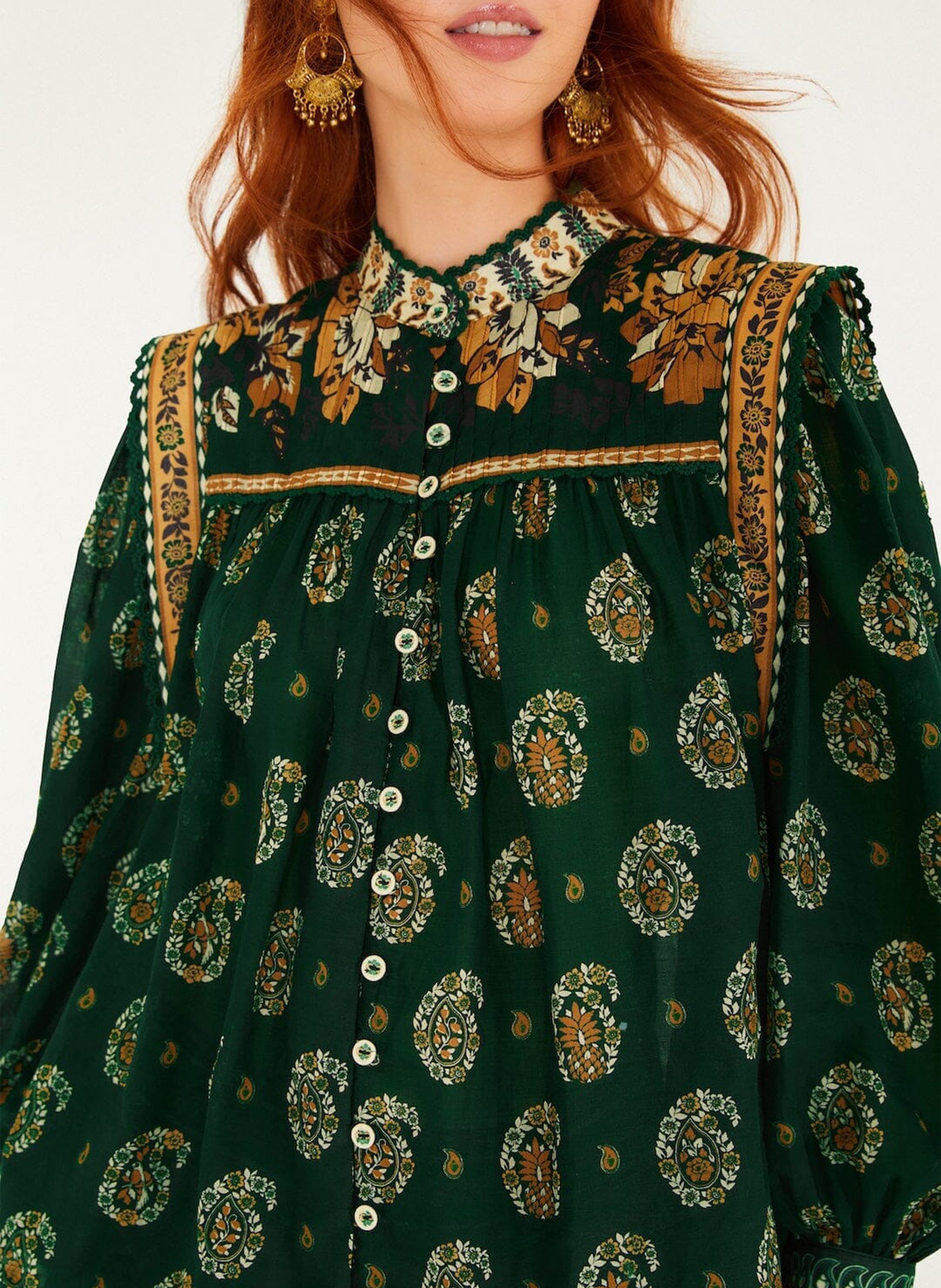Printed cotton straight blouse with mandarin collar FARM RIO Green