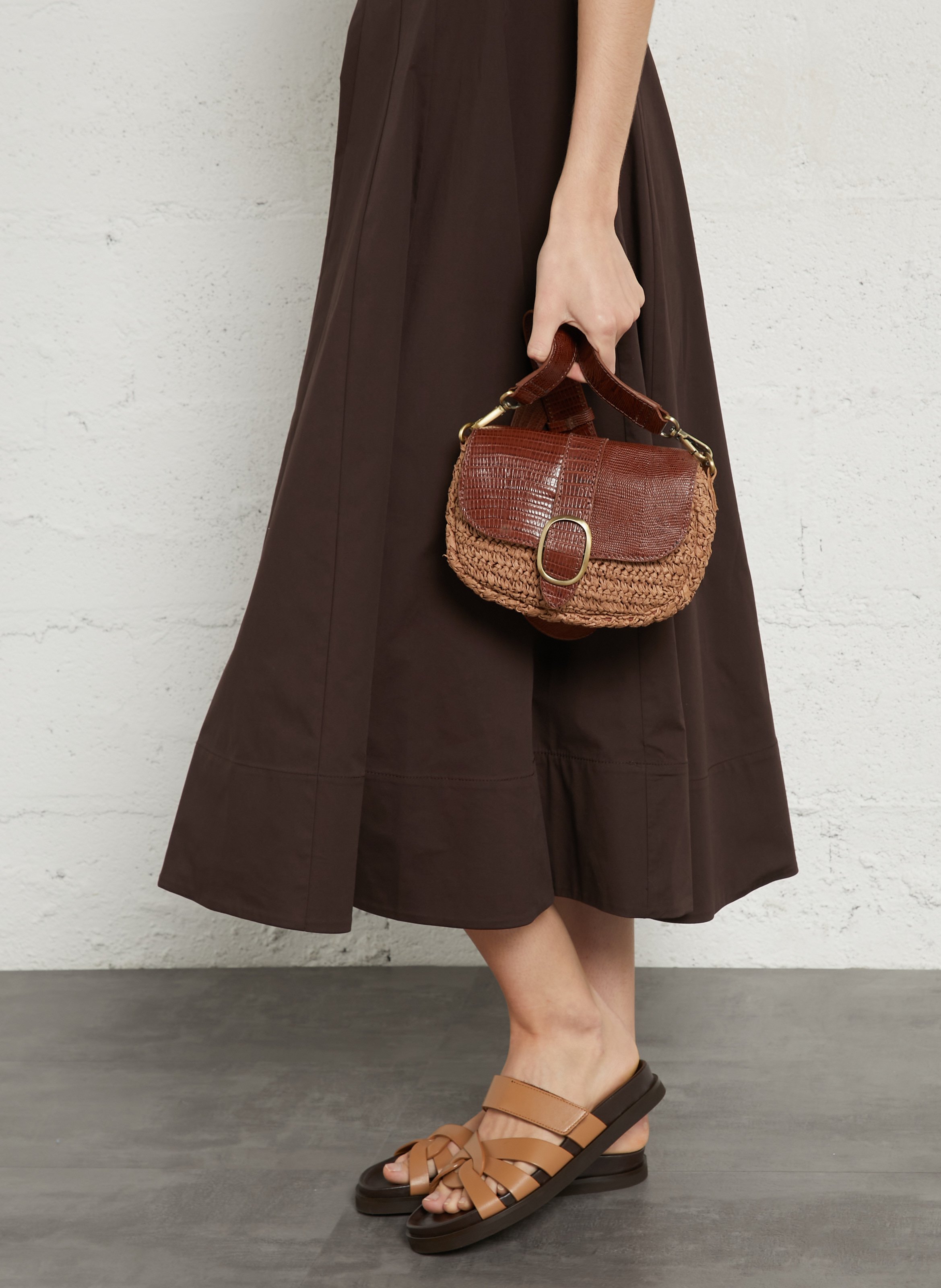 Schoudertas van leer en raffia MAISON 123 Bruin