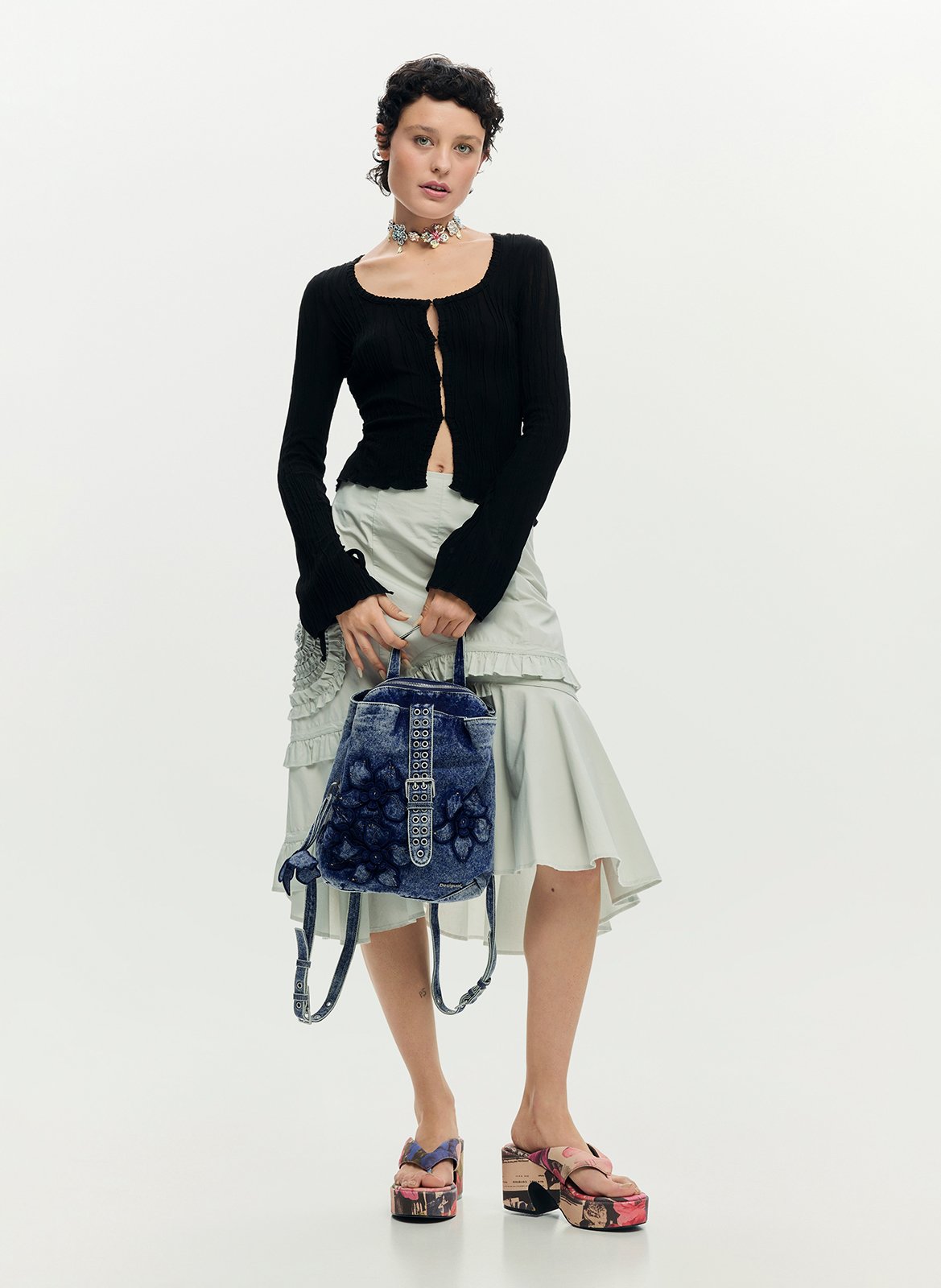 Rugzak van denim met bloemen DESIGUAL Blauw