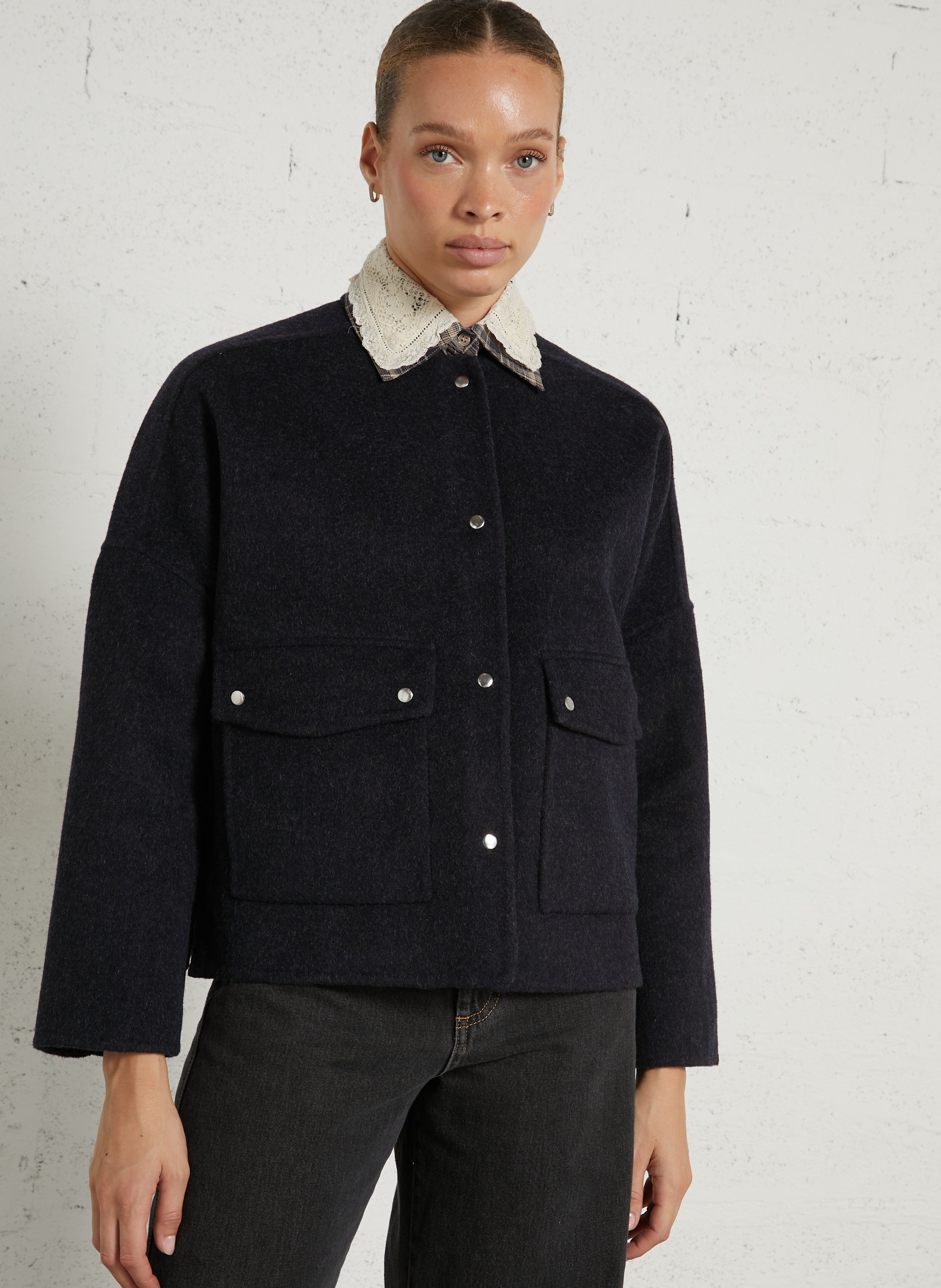Veste droite col montant en laine mélangée HOD PARIS Bleu