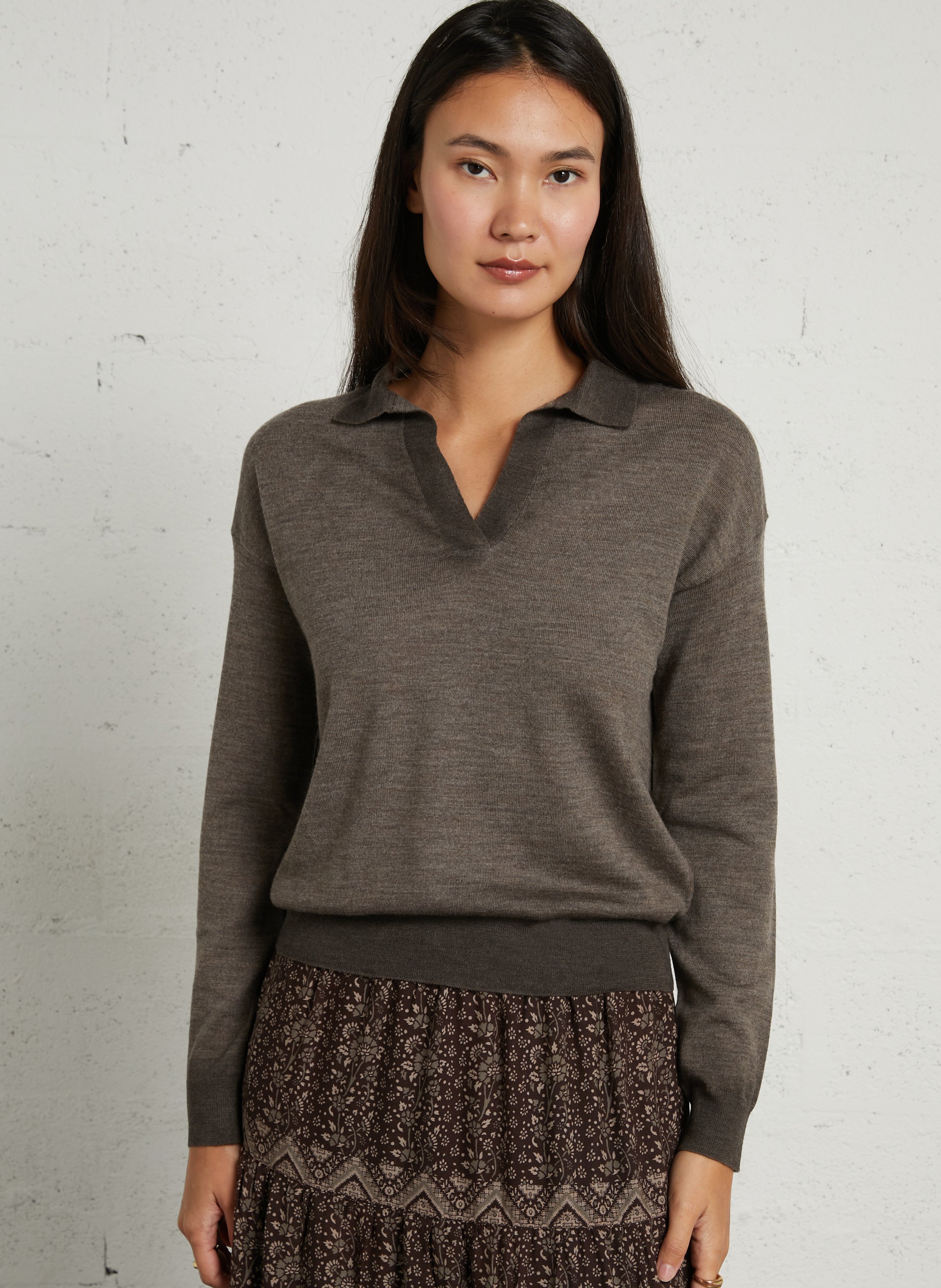 Long-sleeve slim fit wool polo MAJESTIC FILATURES Brown