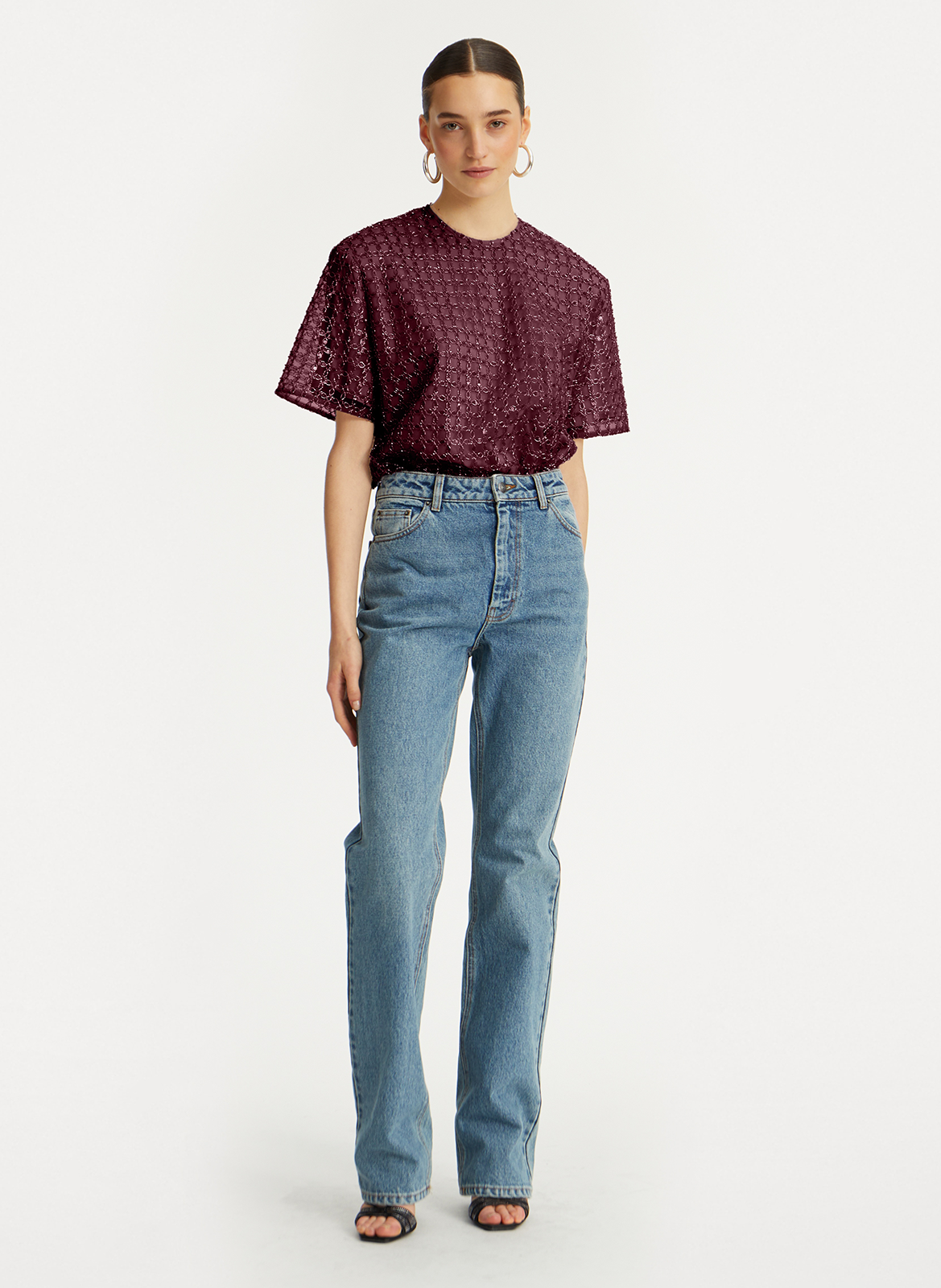 Round neck top adorned with rhinestones ROTATE Brown