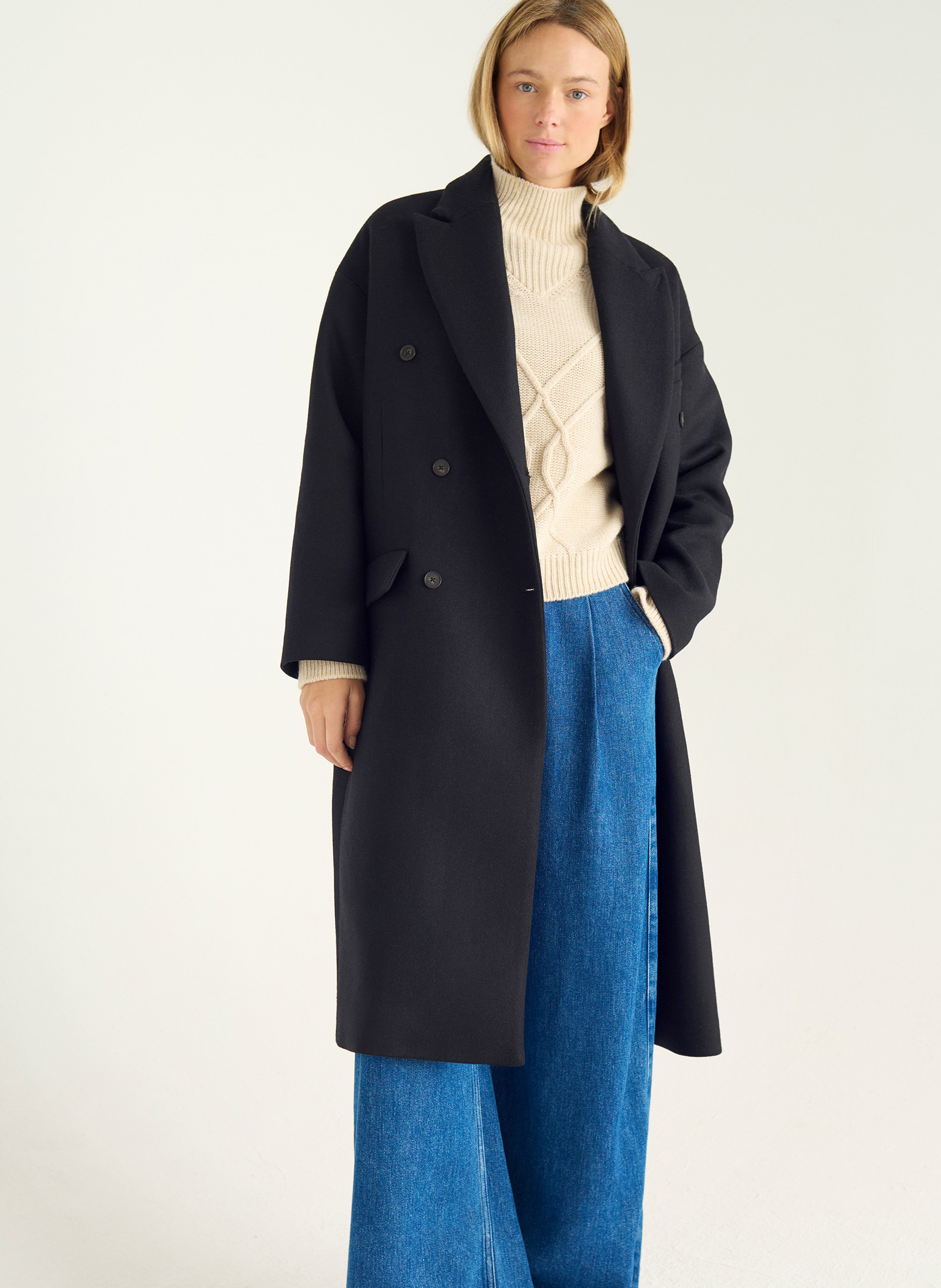 Einfarbiger gerade geschnittener Wollmantel mit langen Ärmeln ACOTE Schwarz