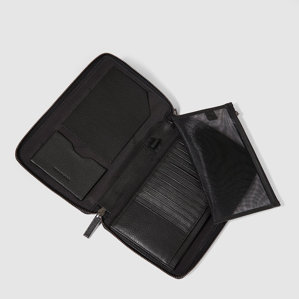 Zippered travel document holder with credit card slots, pen loop, and removable section. PIQUADRO Black