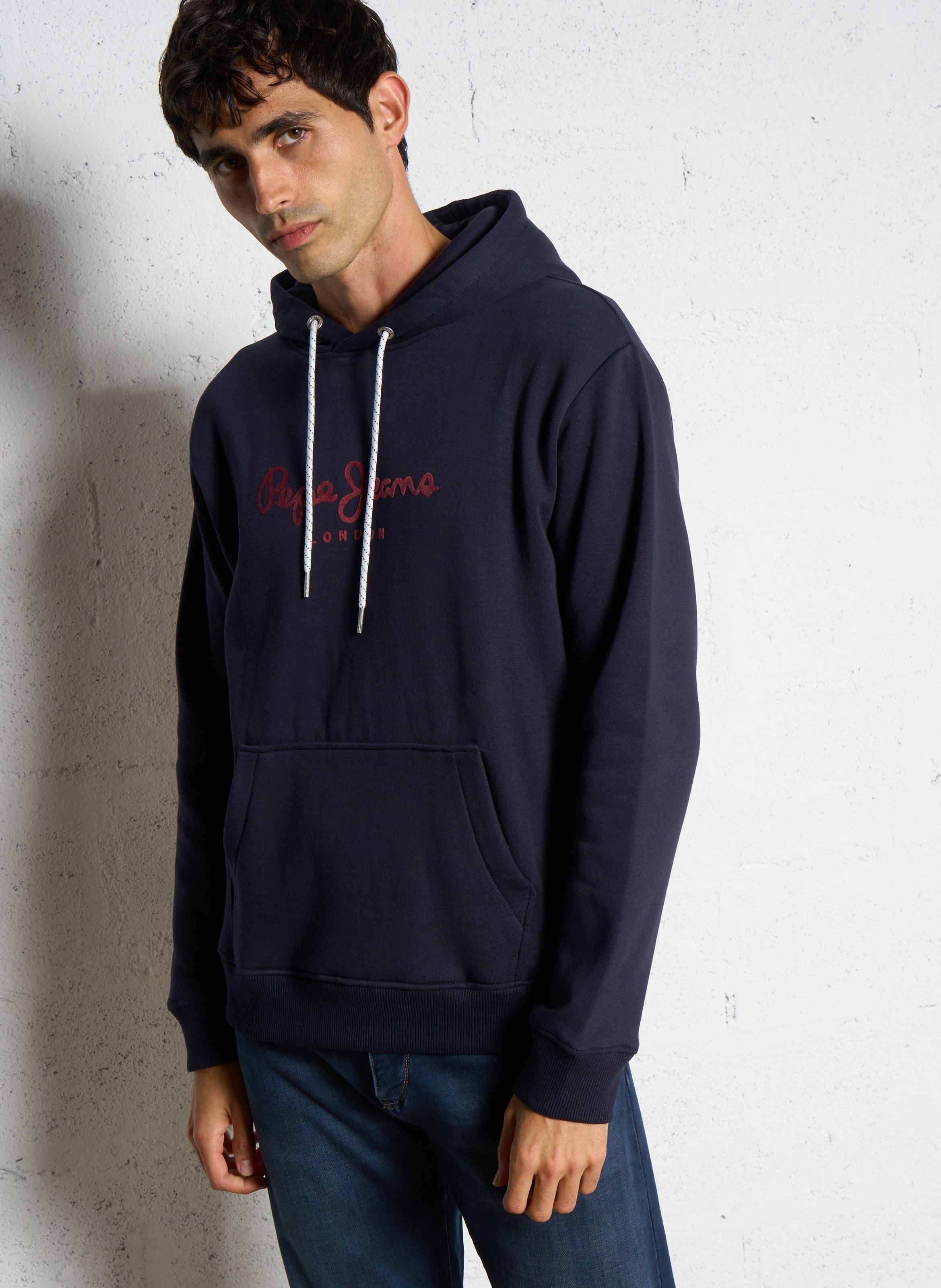 Hooded sweatshirt with velvet screen print in blended cotton. PEPE JEANS Blue