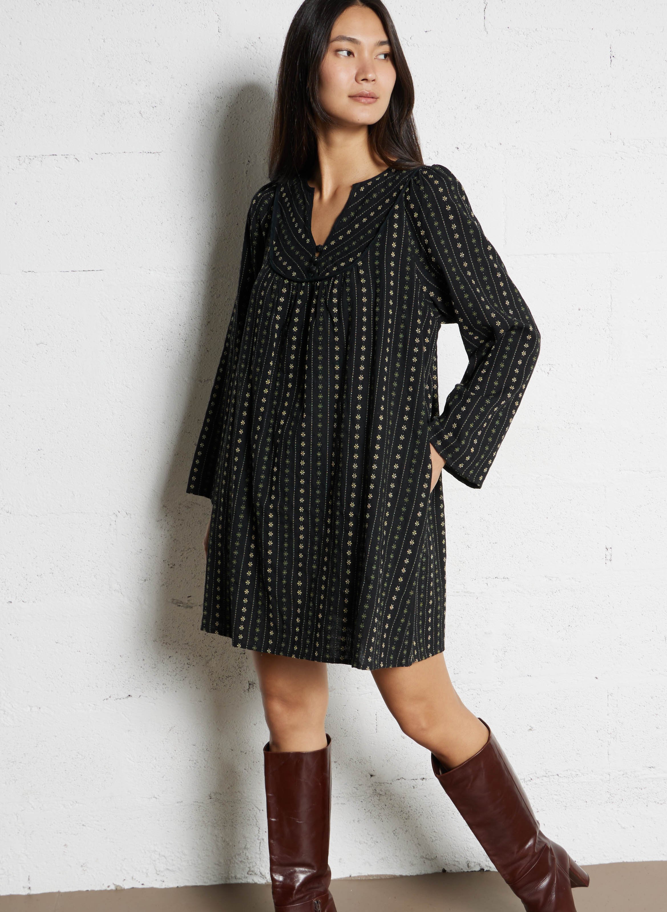 Baumwollkleid mit V-Ausschnitt THE KORNER Schwarz