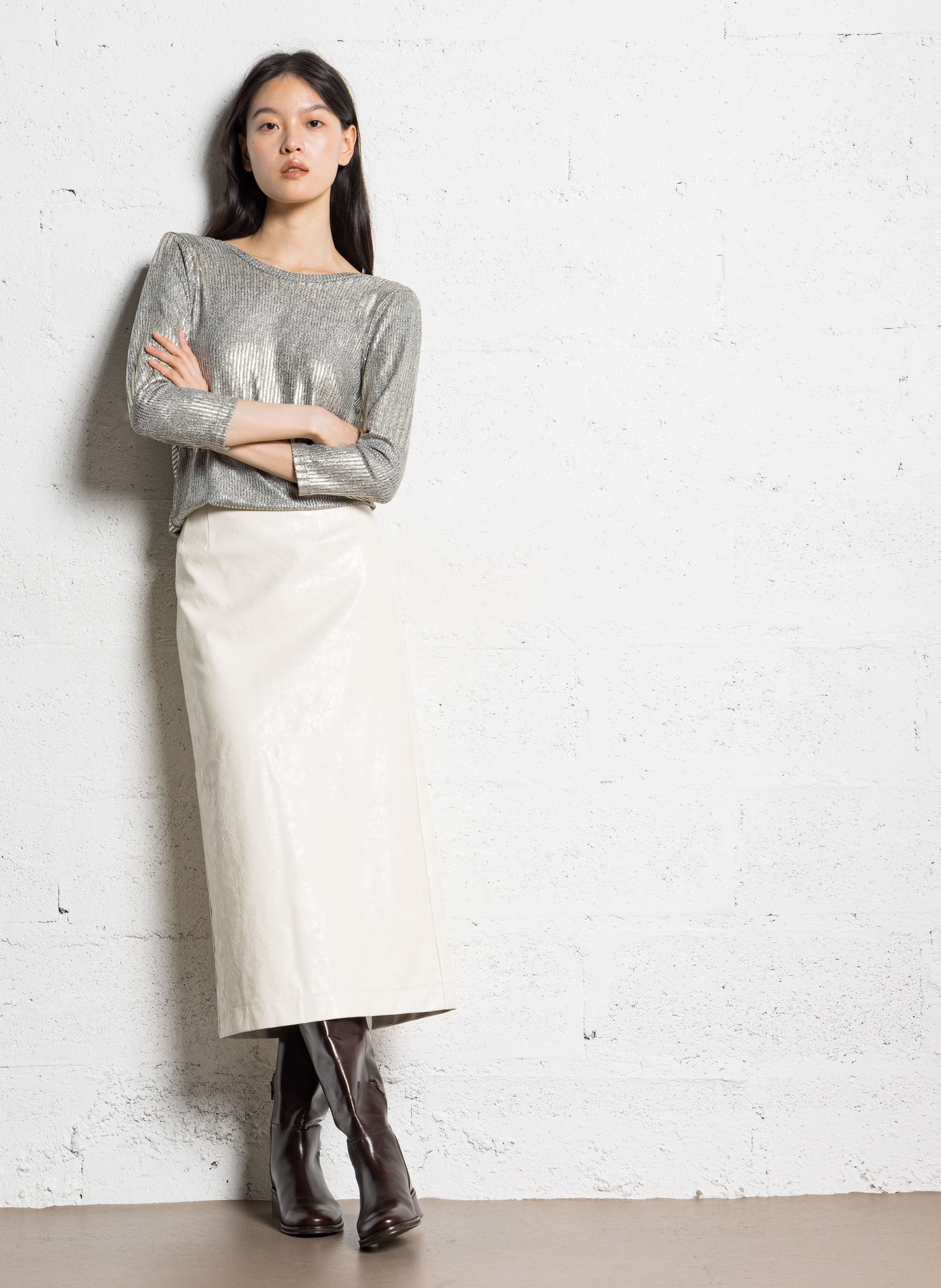 Fitted ribbed knit round neck top IKKS Golden