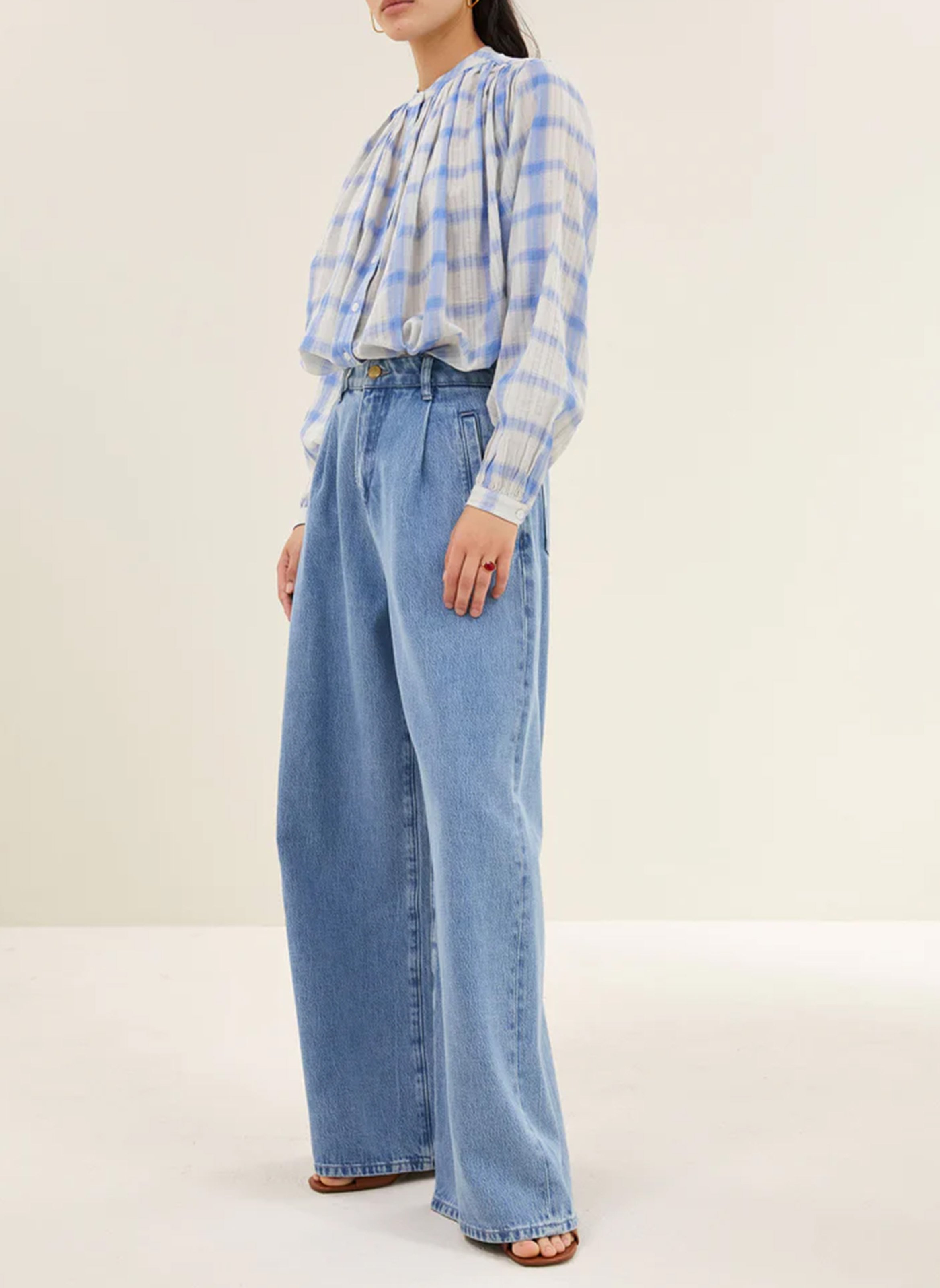 Blouse oversize col rond en coton imprimé BY BAR Bleu