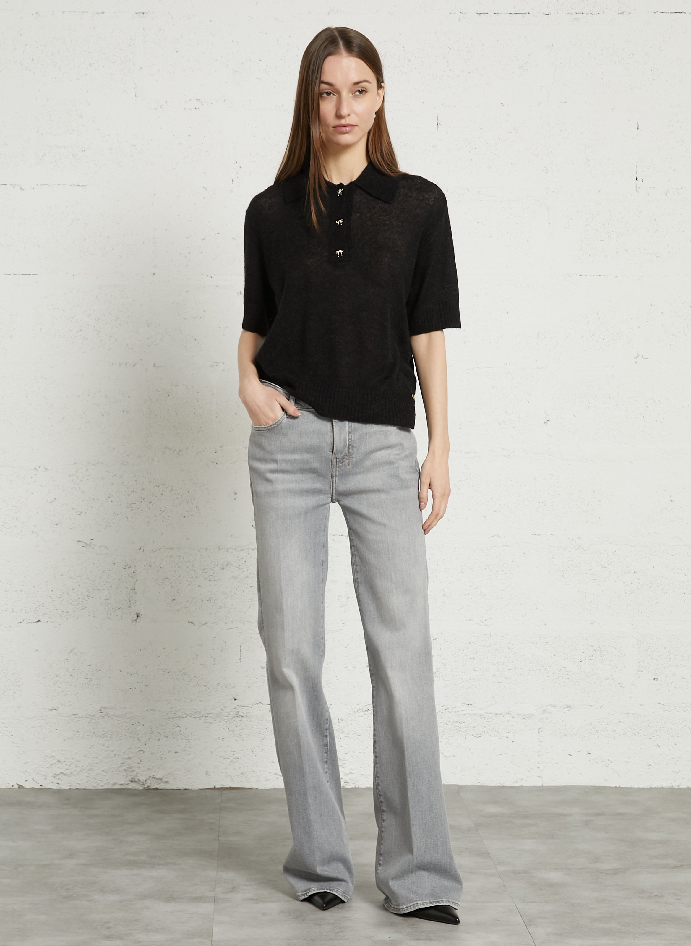 Pull droit col polo en laine mélangée DES PETITS HAUTS Noir