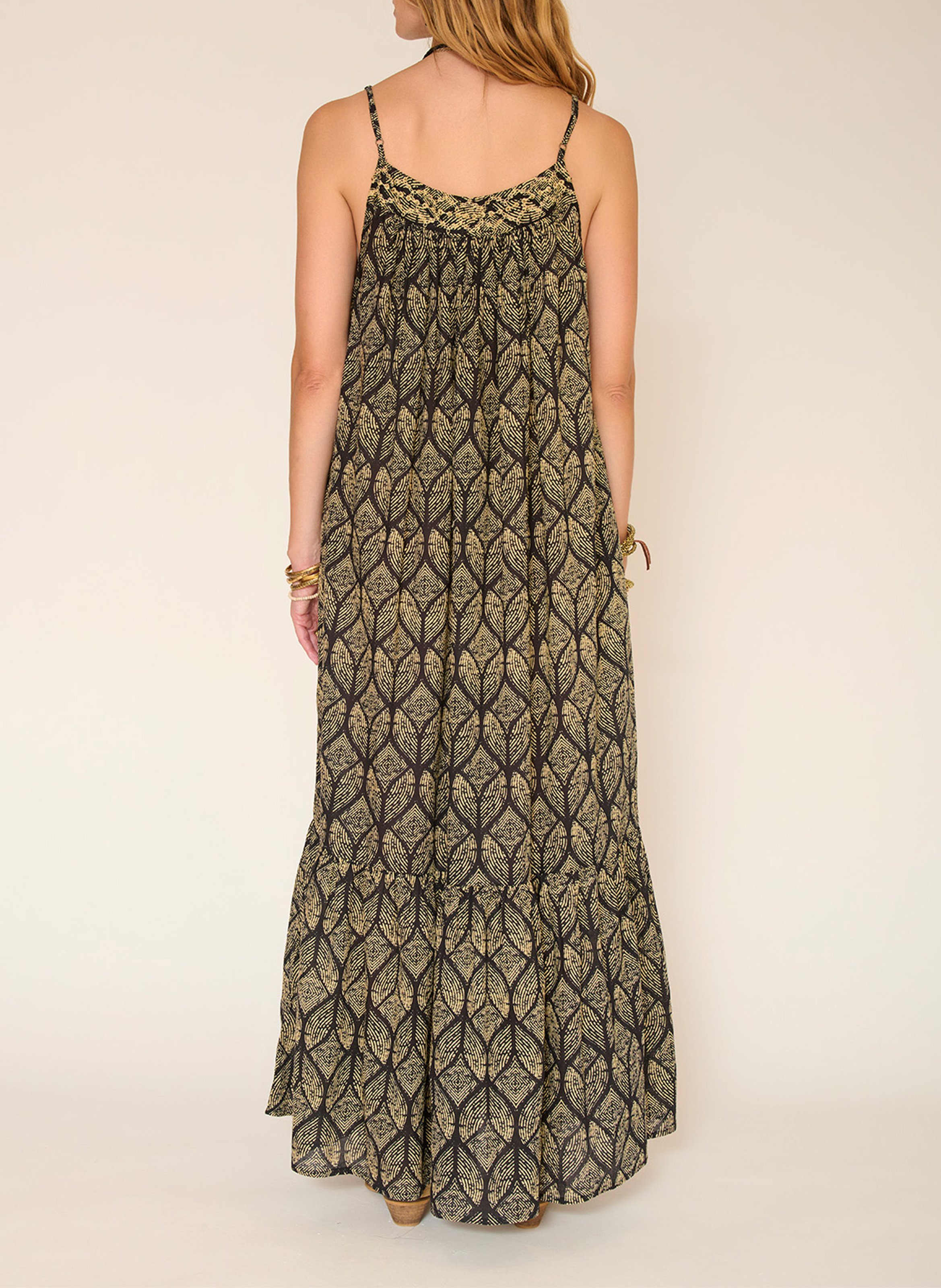 Langes Baumwollkleid mit Print MKT Schwarz