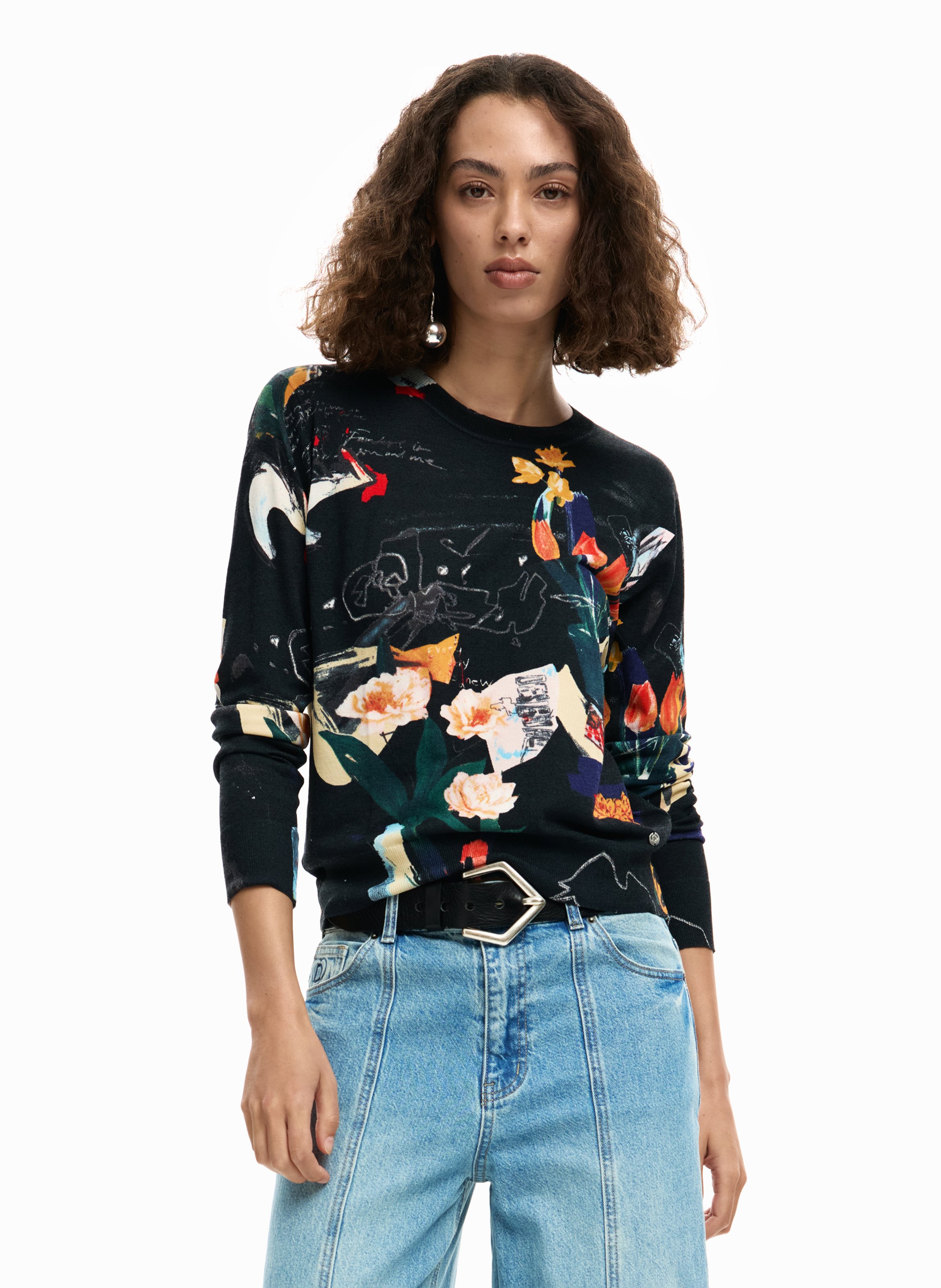 Round-neck knitted top with patterns DESIGUAL