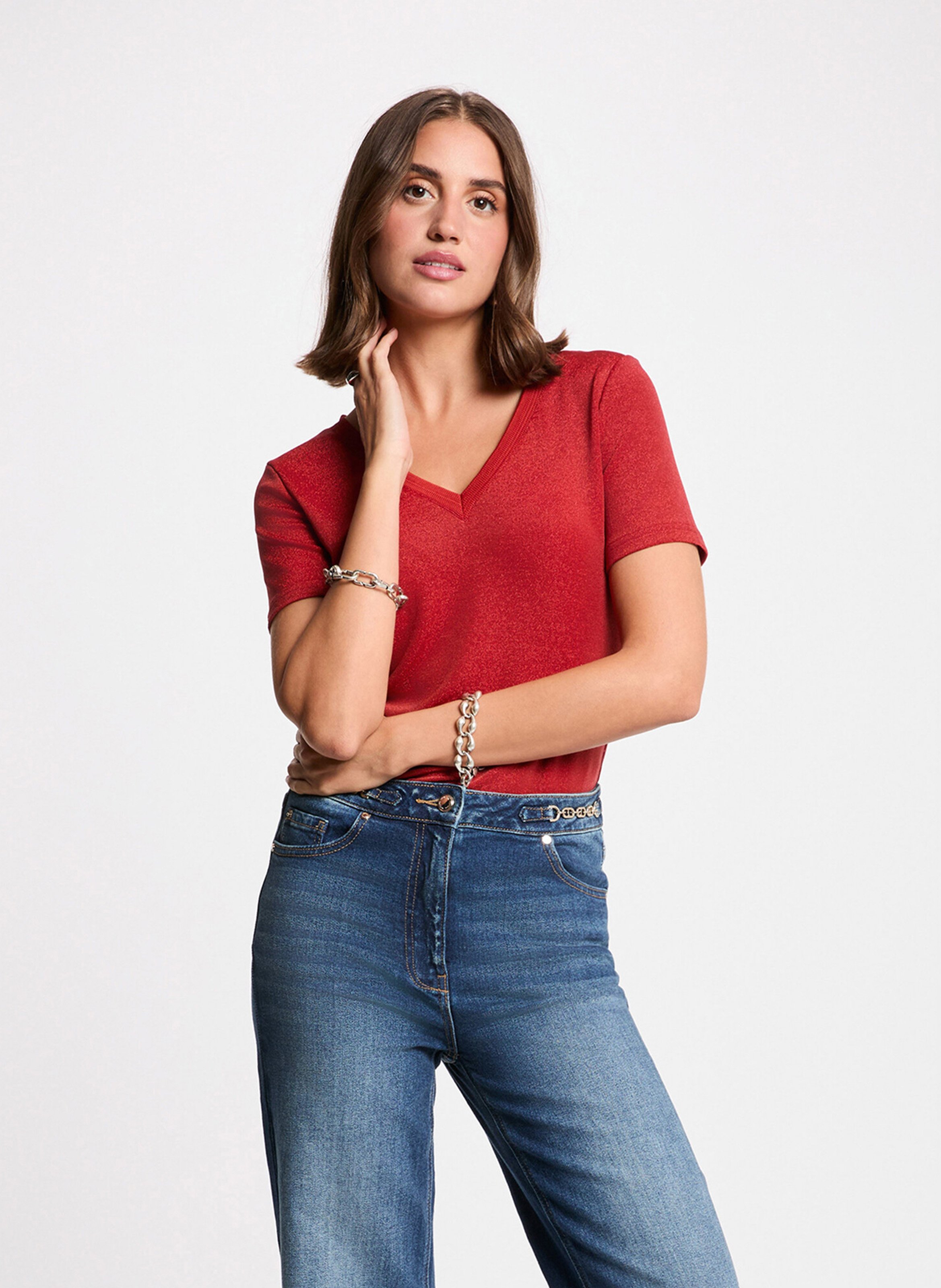 Tee-shirt col V métallisé MORGAN Orange