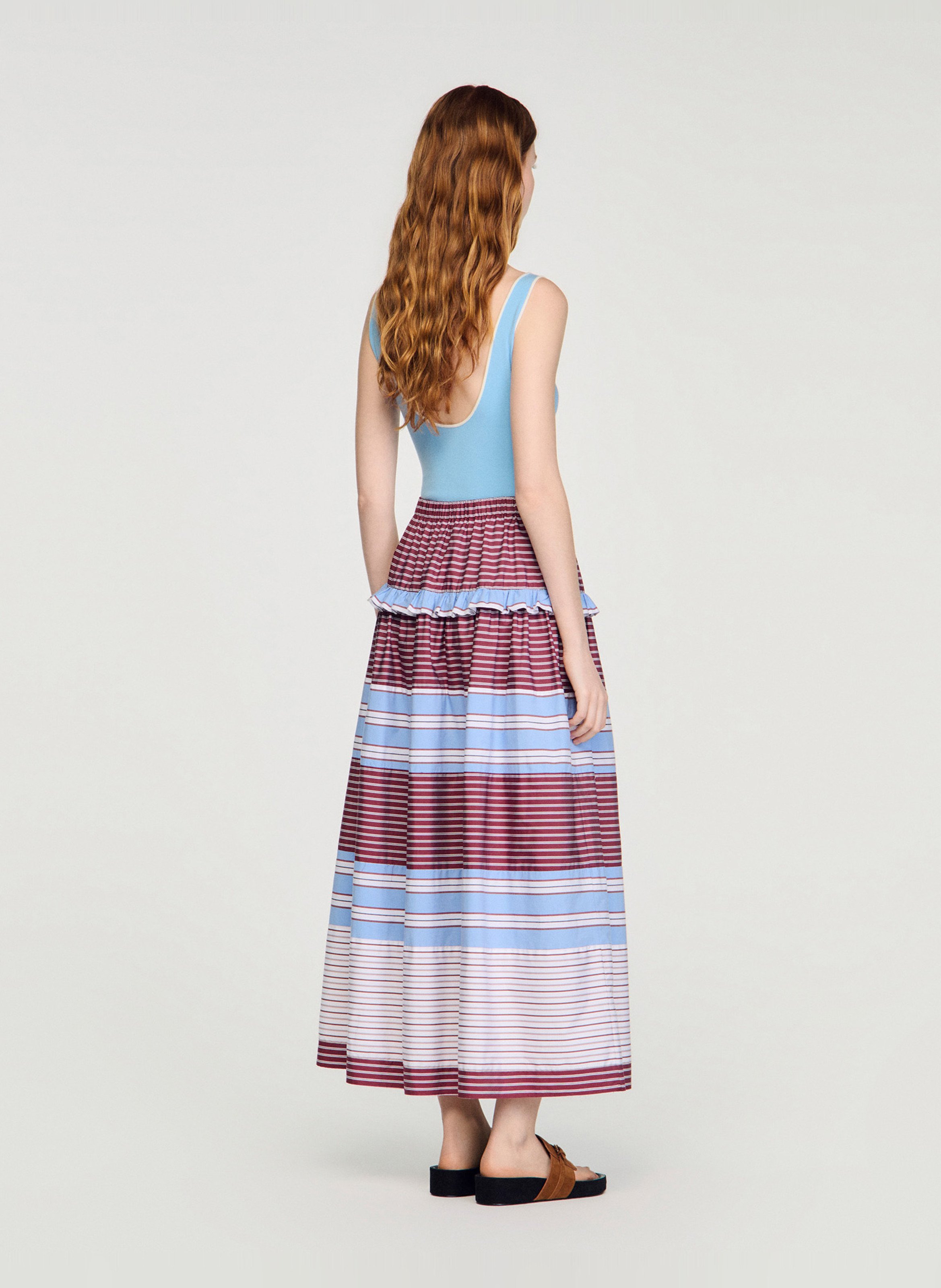 Jupe longue en coton rayé SANDRO Rouge